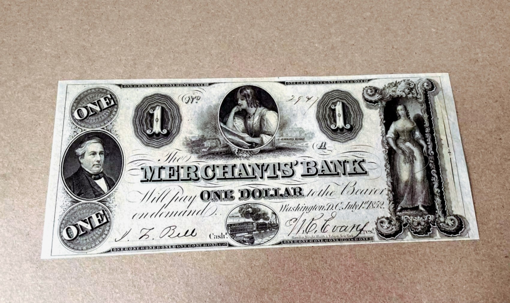 【Blue Auction】✨世界纸币精拍第327期——莫总专场XXI 【带签名实钞2941小号】美国商业银行 早期 1852年1美金 设计精美 UNC- （边有小折）值得收藏 