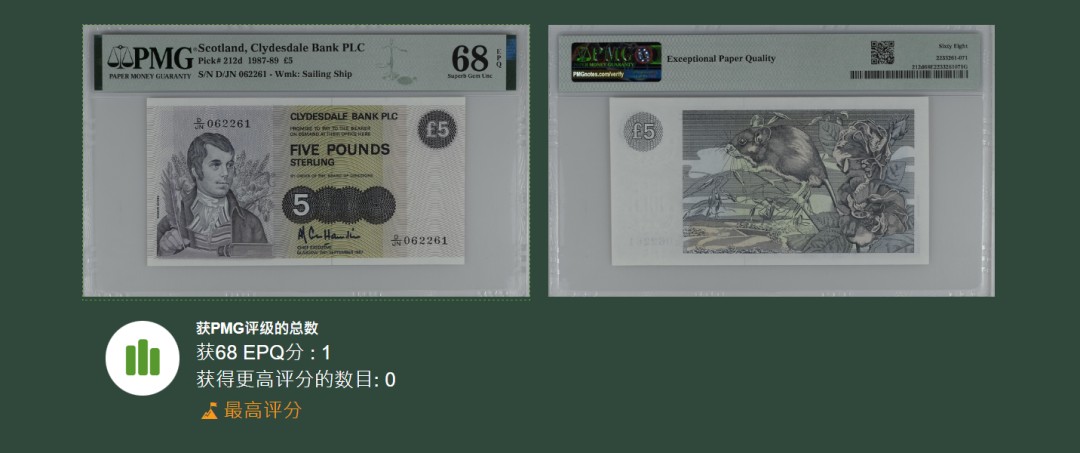 《张总朋友收藏》103期—外币高货 苏格兰硬货&女王精品 苏格兰戴尔银行1987年Pick-212无47号码不错5镑PMG68E唯一冠军分