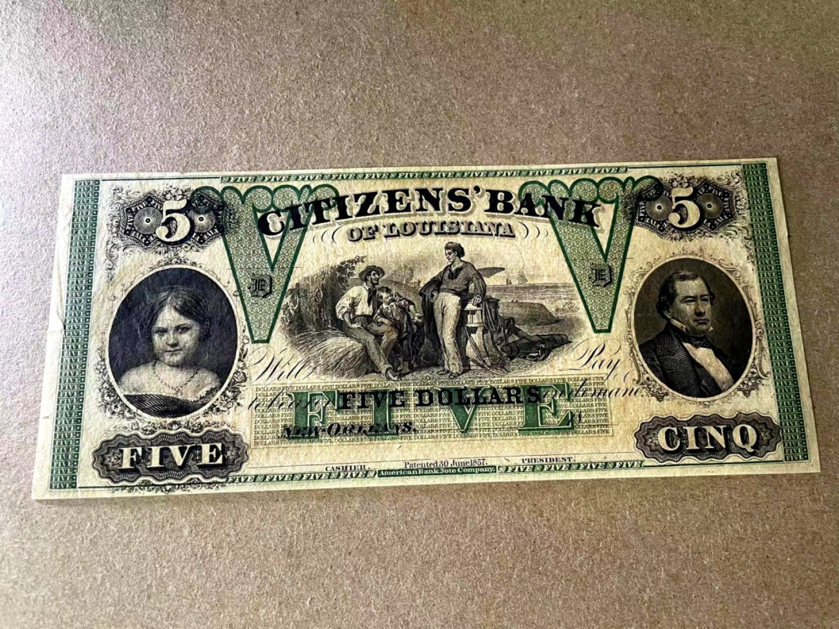 【Blue Auction】✨世界纸币精拍第327期——莫总专场XXI 美国早期 路易斯安那州 1860年代 5美金 双面设计大票副 UNC-(左边有裂口和小折）