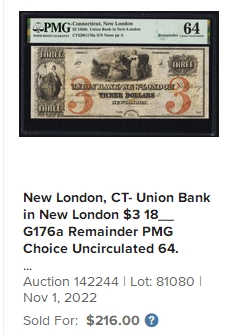 【Blue Auction】✨世界纸币精拍第327期——莫总专场XXI 美国早期 新伦敦联合银行 1792年3美金 UNC- 田园风 设计非常精美 