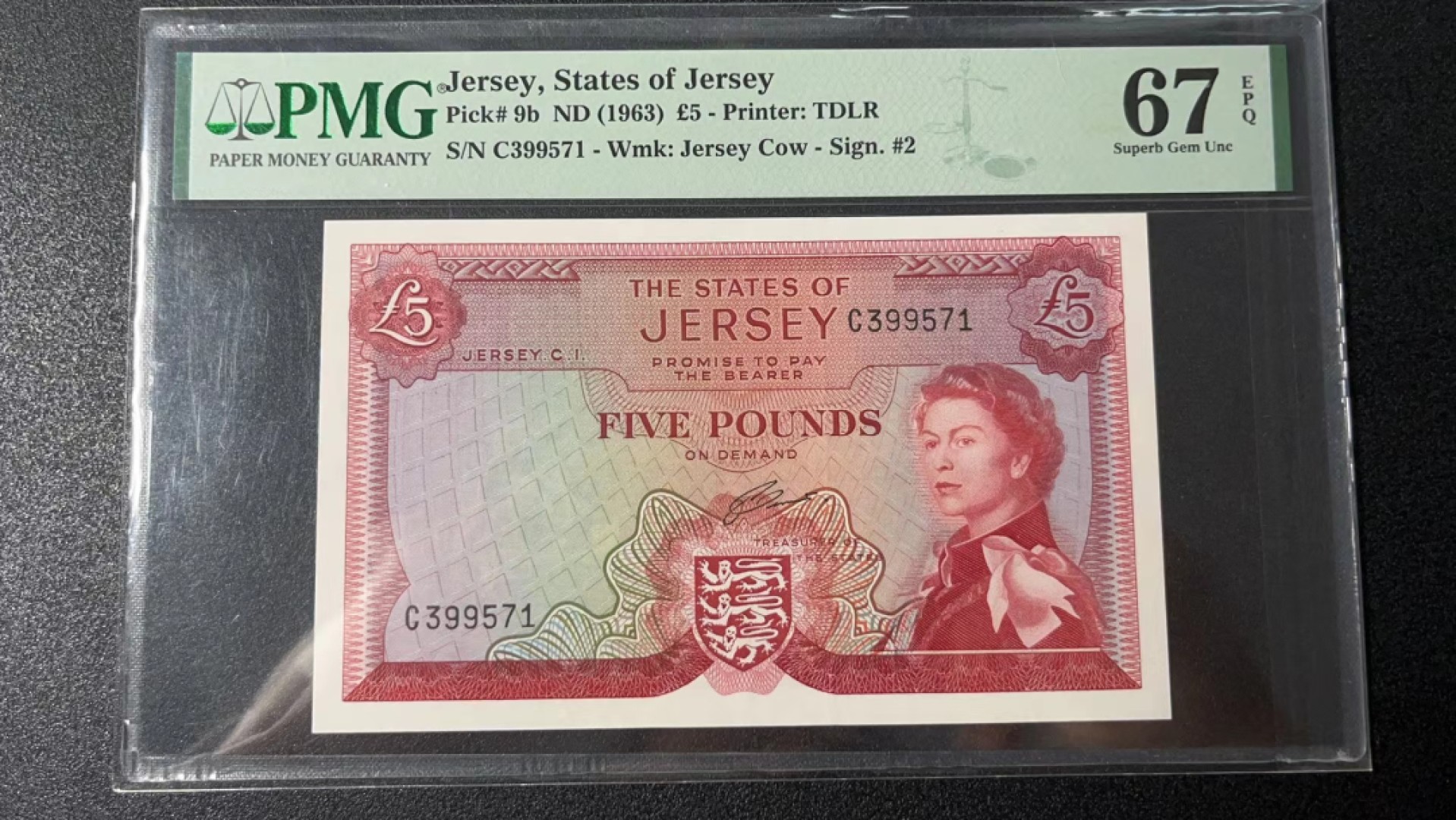 【Blue Auction】✨世界纸币精拍第327期——莫总专场XXI 泽西 1963年5镑 PMG67EPQ 高分 戎装女王 
