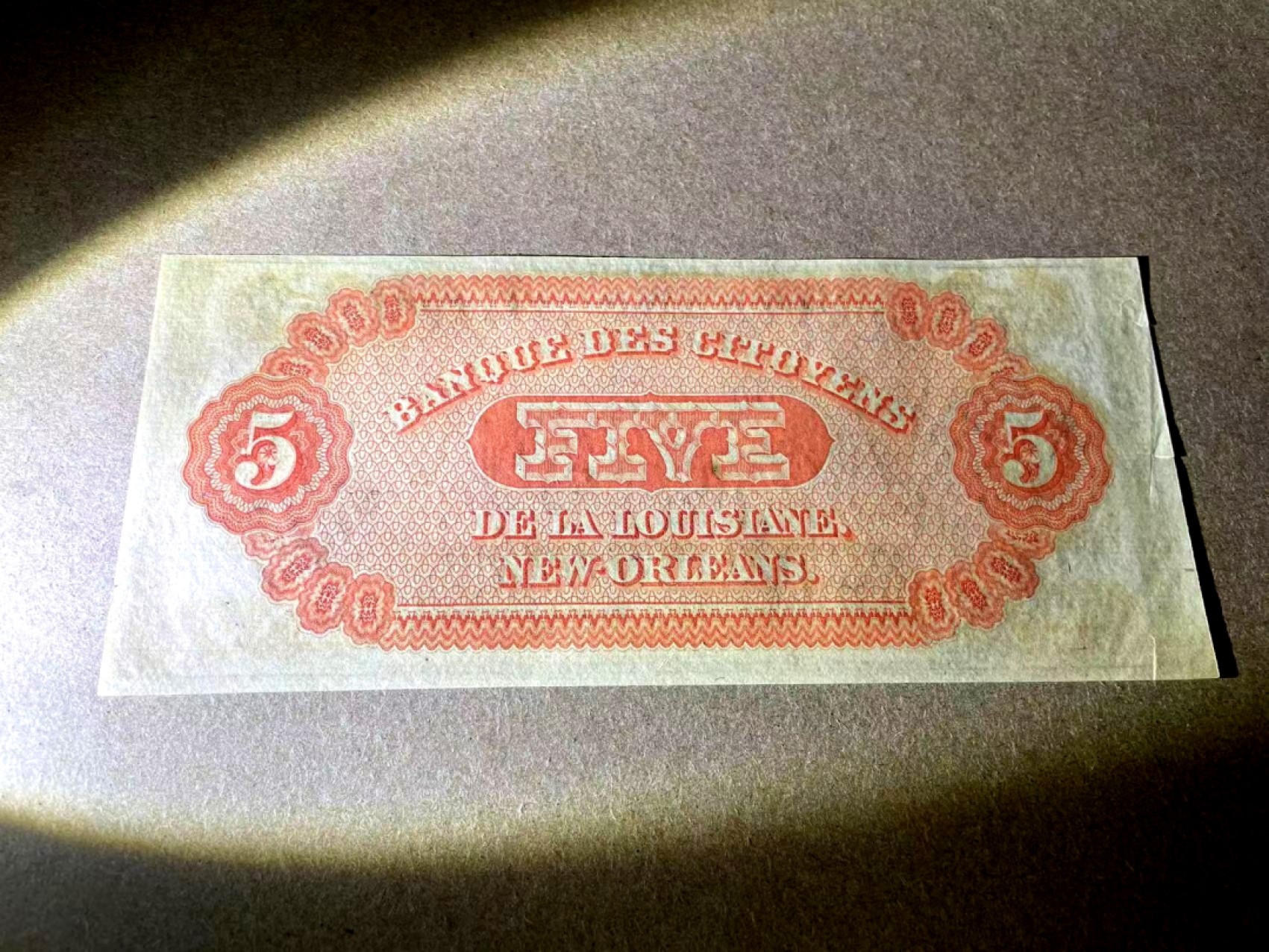 【Blue Auction】✨世界纸币精拍第327期——莫总专场XXI 美国早期 路易斯安那州 1860年代 5美金 双面设计大票副 UNC-(左边有裂口和小折）