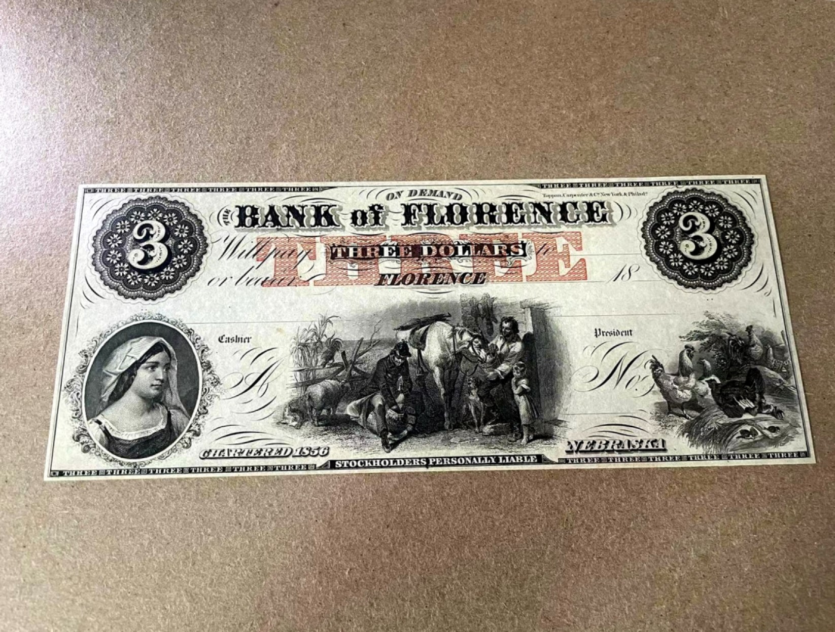 【Blue Auction】✨世界纸币精拍第327期——莫总专场XXI 美国早期 南卡罗莱纳州弗洛伦斯银行 1856年3美金 田园风 设计非常精美 全新UNC