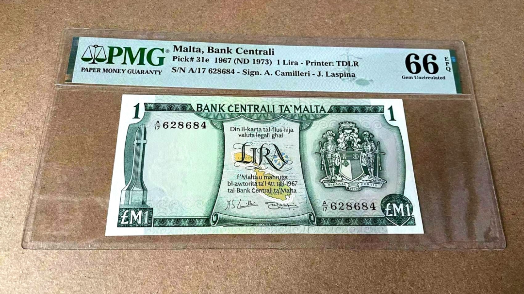 【Blue Auction】✨世界纸币精拍第327期——莫总专场XXI 【亚军分 仅2张更高分】马耳他 1967年1里拉 PMG66EPQ 经典彩背 
