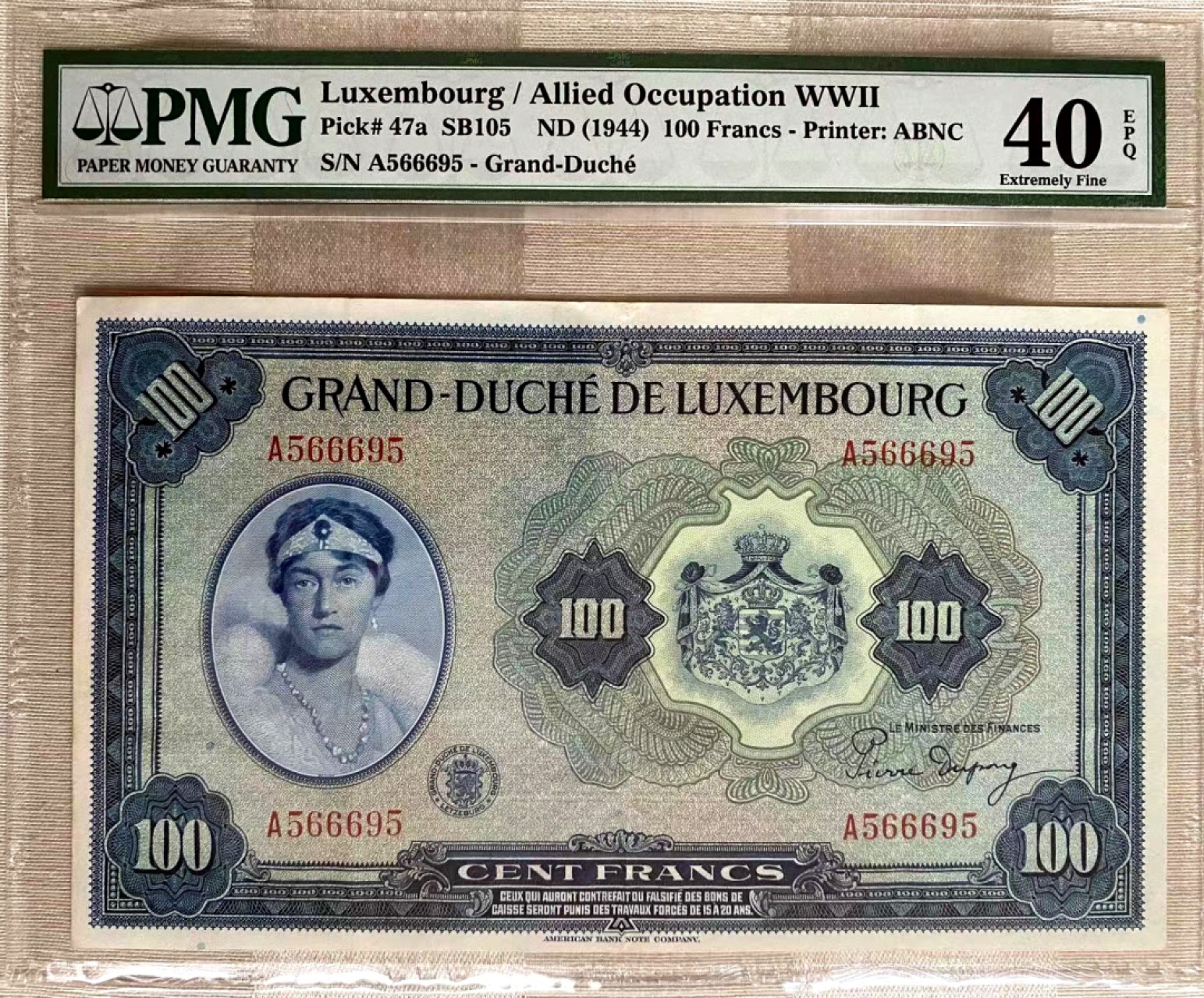 【Blue Auction】✨世界纸币精拍第327期——莫总专场XXI 【A冠无47】卢森堡 1944年100法郎 大票幅 女大公 PMG40EPQ 原票 ABNC出品
