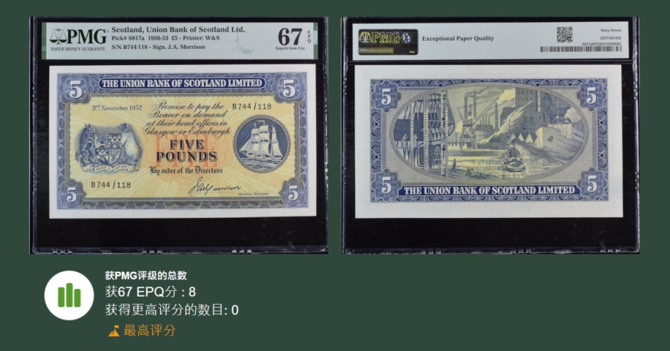 《张总朋友收藏》103期—外币高货 苏格兰硬货&女王精品 苏格兰1952年联合银行5镑超少见品种超大票幅PMG67E冠军分 绝对高货了！