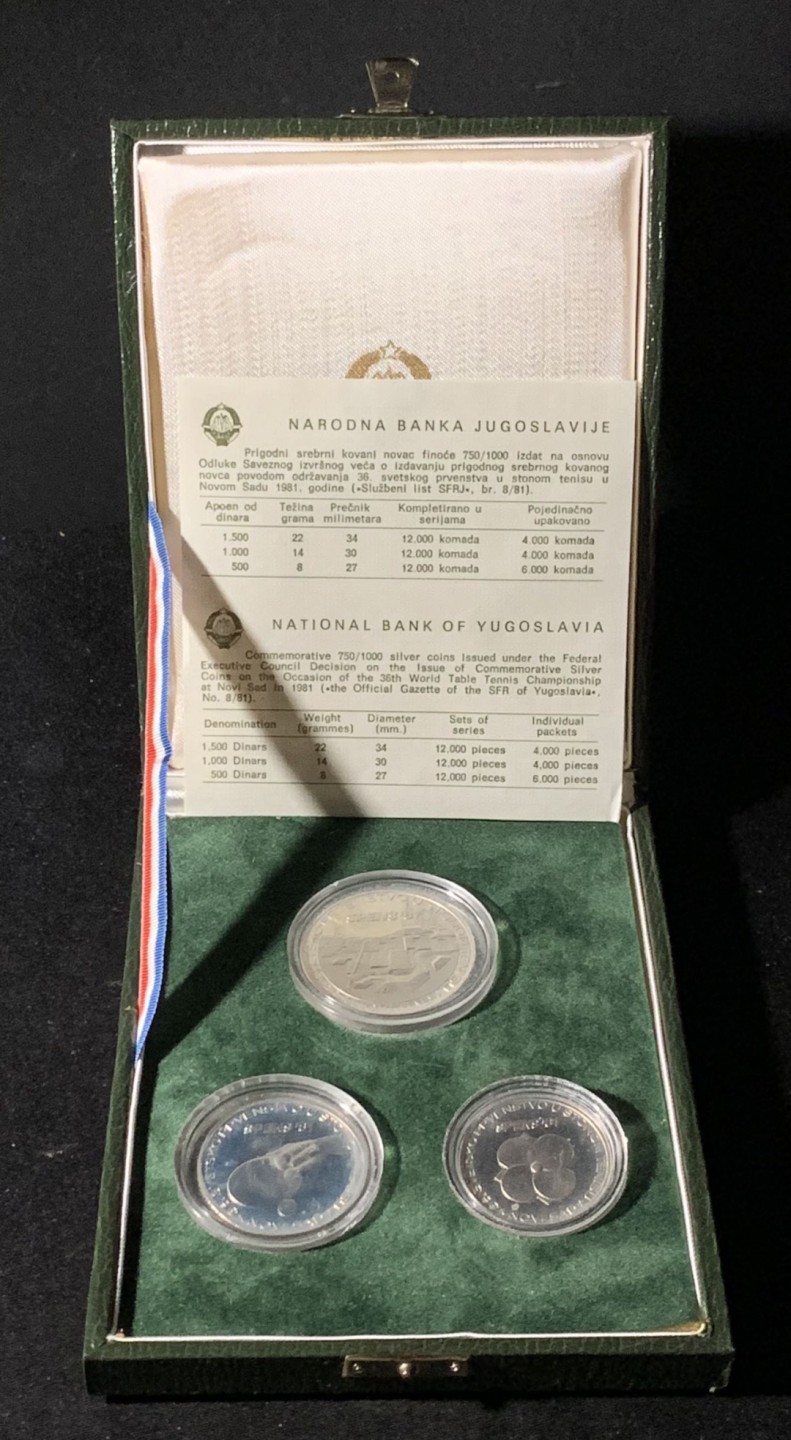 紫瑗钱币——第324期拍卖 南斯拉夫 1981年 世界乒乓球锦标赛 500 1000 1500第纳尔 银币 三枚一套 原盒证书