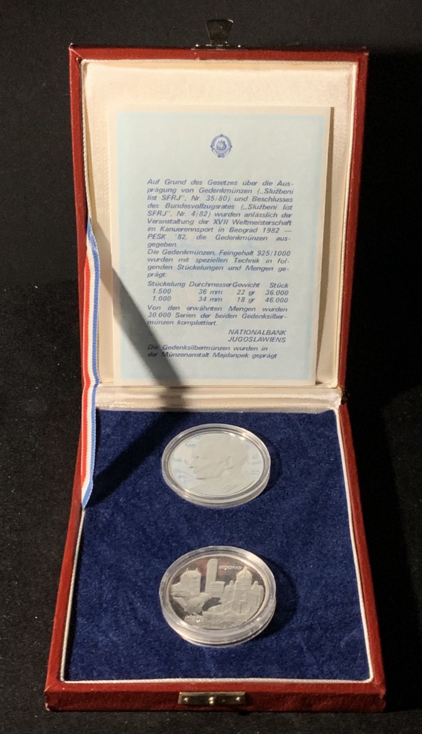 紫瑗钱币——第324期拍卖 南斯拉夫 1982年 国际皮划艇锦标赛 1000 1500第纳尔 共40克 0.925银 精制 原盒证书