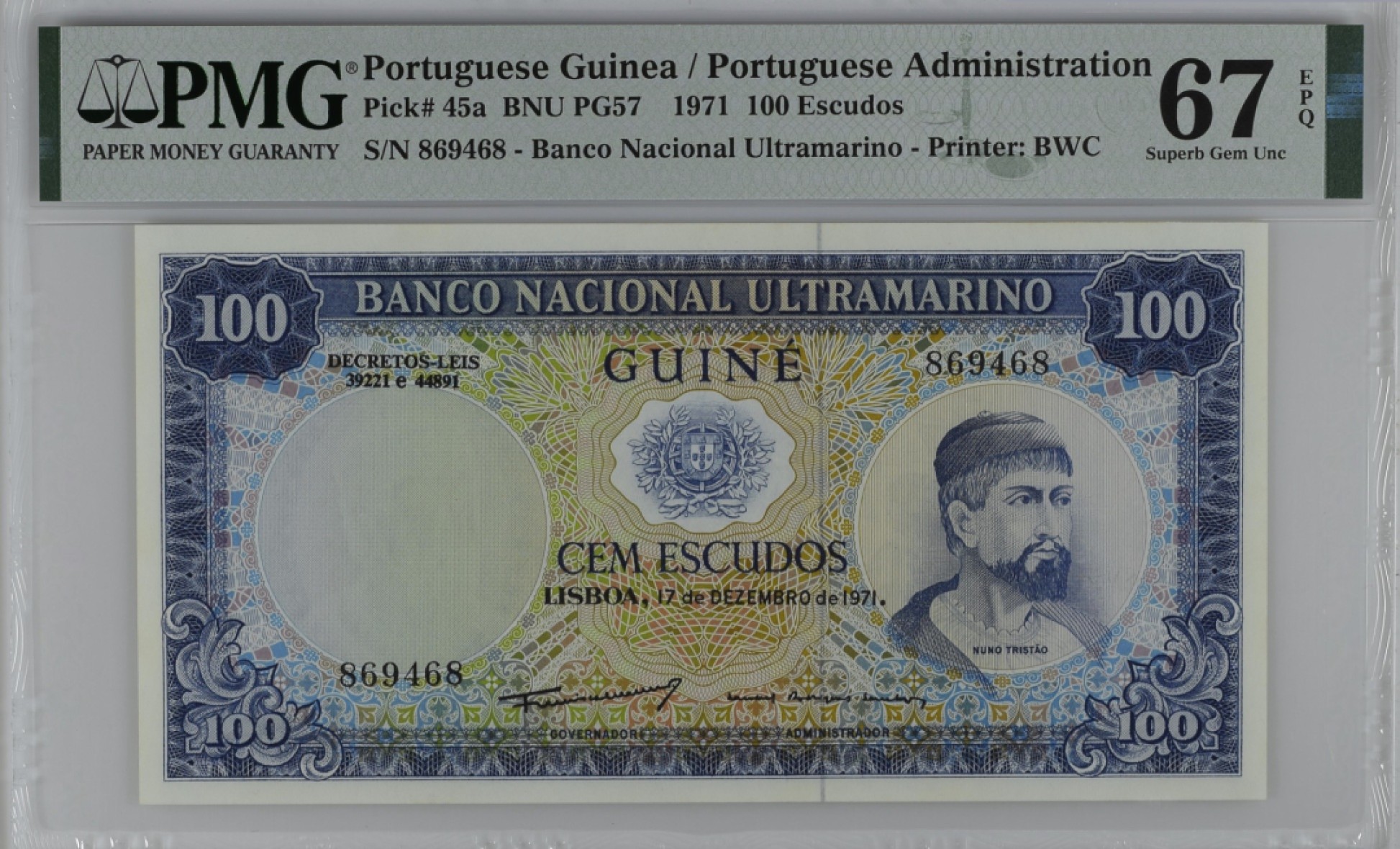 收藏联盟Quantum Auction 第262期拍卖  葡属几内亚1971年100埃斯库多 PMG67 BWC代印