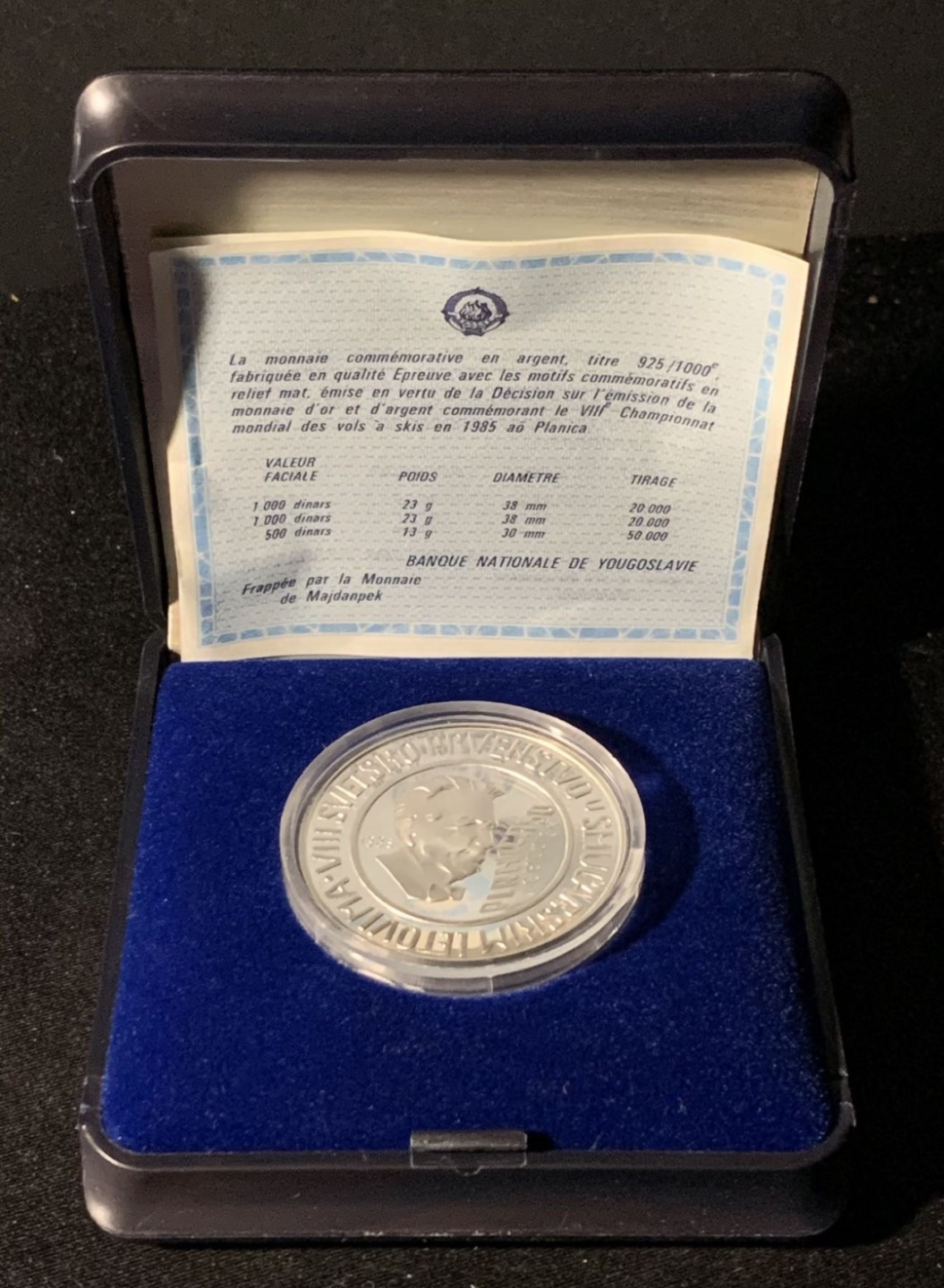 紫瑗钱币——第324期拍卖 南斯拉夫 1985年 跳台滑雪锦标赛 布劳德克 1000第纳尔 23克 0.925银 精制 原盒证书