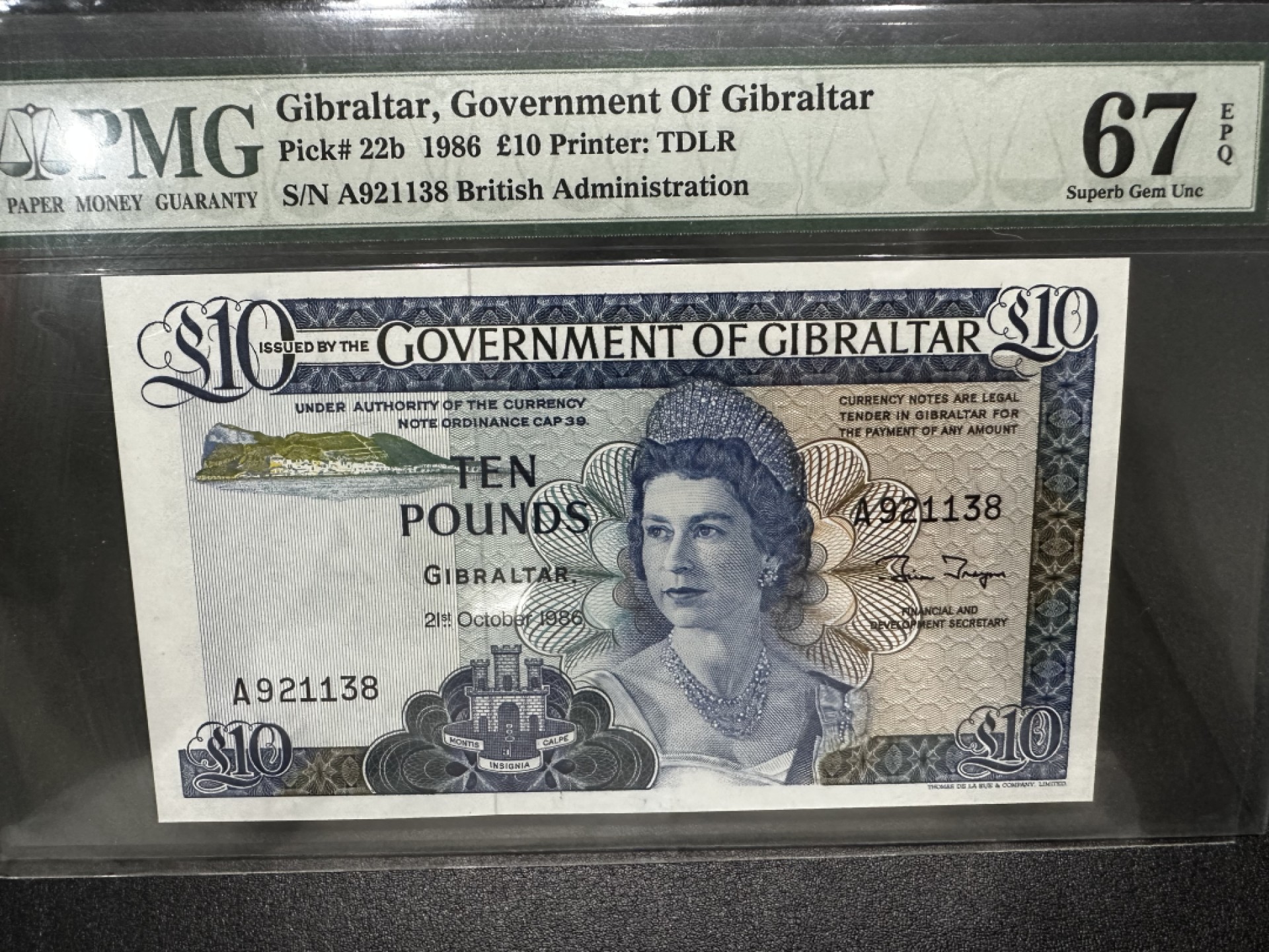 《外钞收藏家》第二百七十一期（连拍第二场） 1986年直布罗陀1镑 PMG67 A冠无47尾8