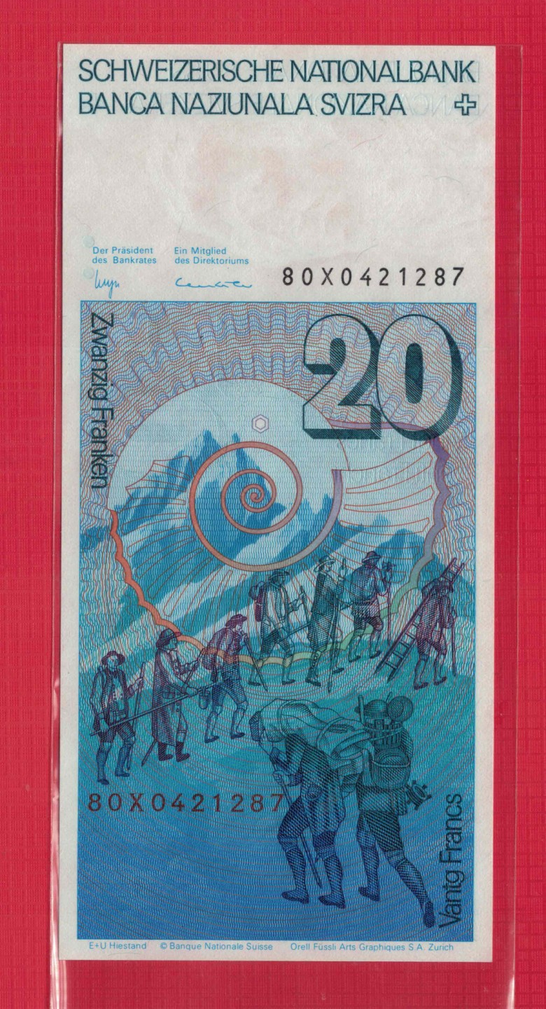 瑞士20法郎 1980年 签名如图 欧洲纸币 实物图 UNC