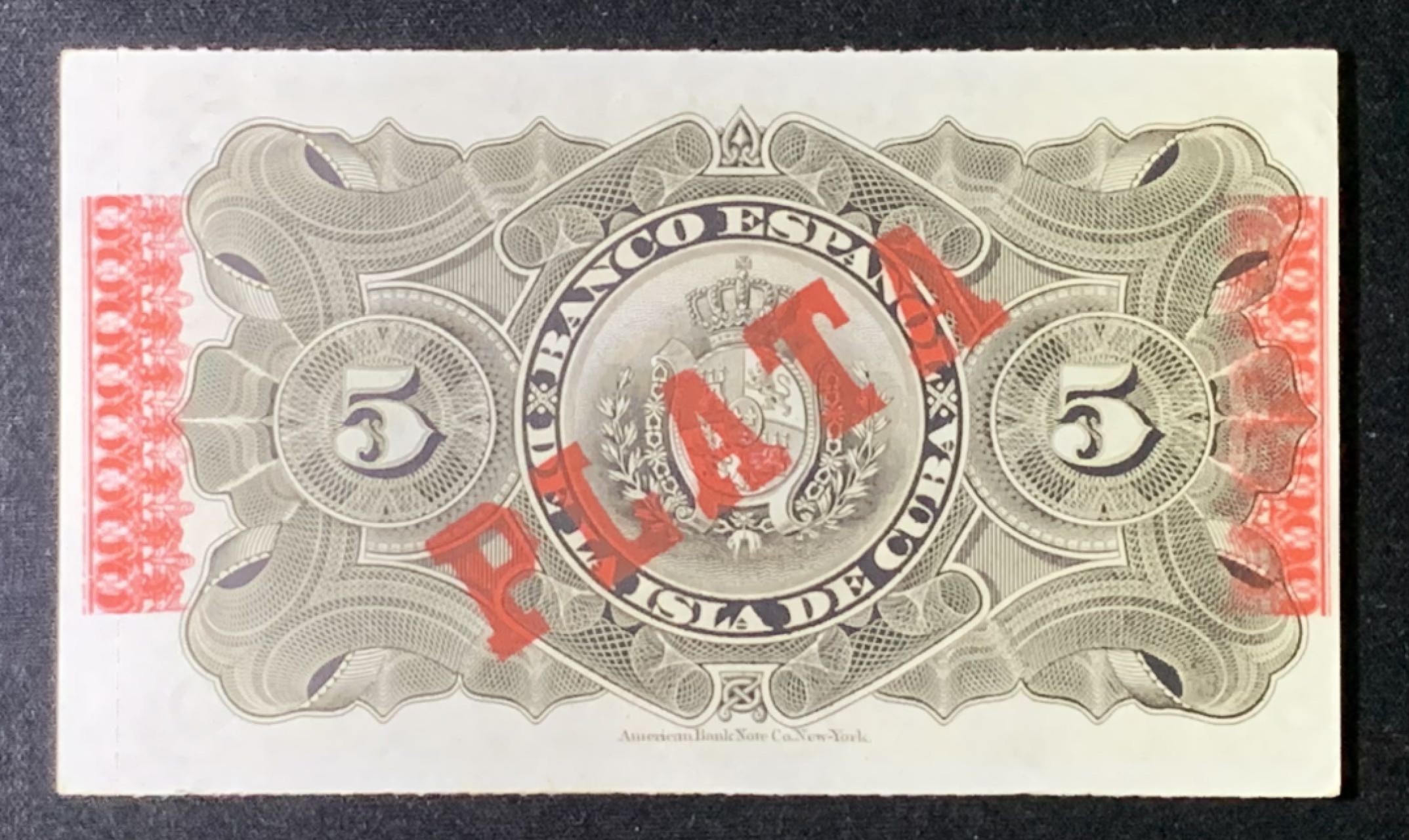 紫瑗钱币——第272期拍卖—纸币场 古巴 1896年 西班牙银行 5比索 银币券 UNC