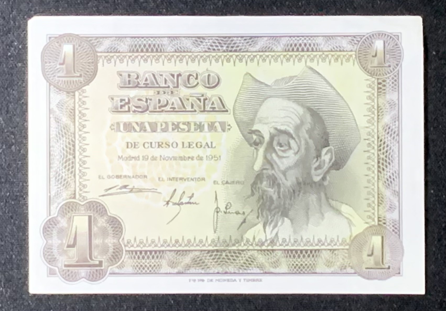 紫瑗钱币——第272期拍卖—纸币场 【刀货开门号】西班牙 1951年 唐吉坷德 1比塞塔  UNC