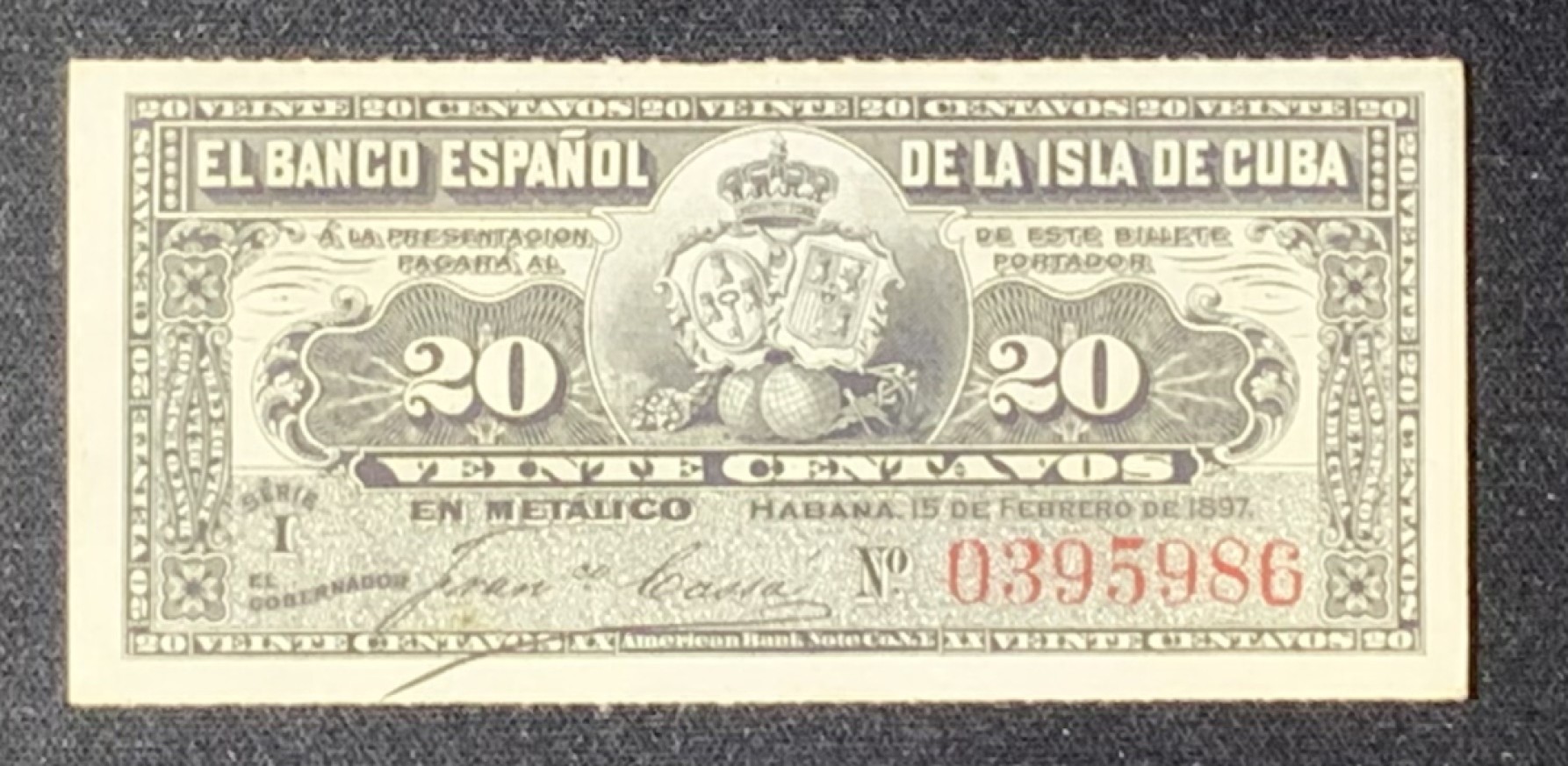 紫瑗钱币——第272期拍卖—纸币场 古巴 1896年 古巴西班牙银行 20分 UNC