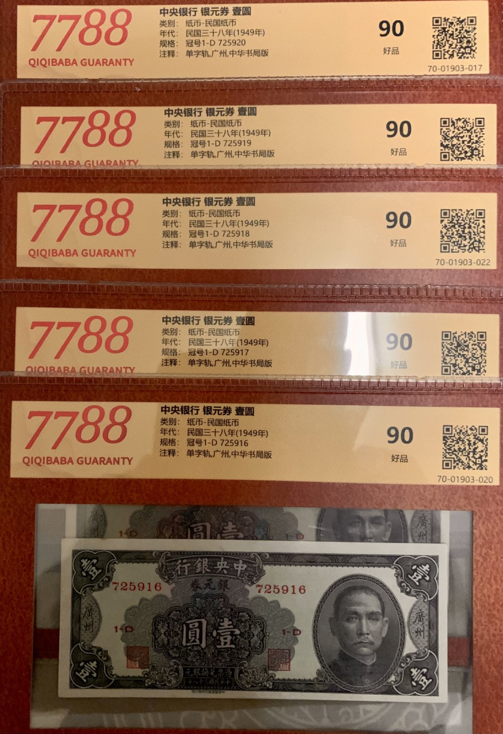 北极狼藏苑社（64）精品专场 2623-B①民国币·中央银行·银元券·广州地名·票面尺寸150*60·7788评级90