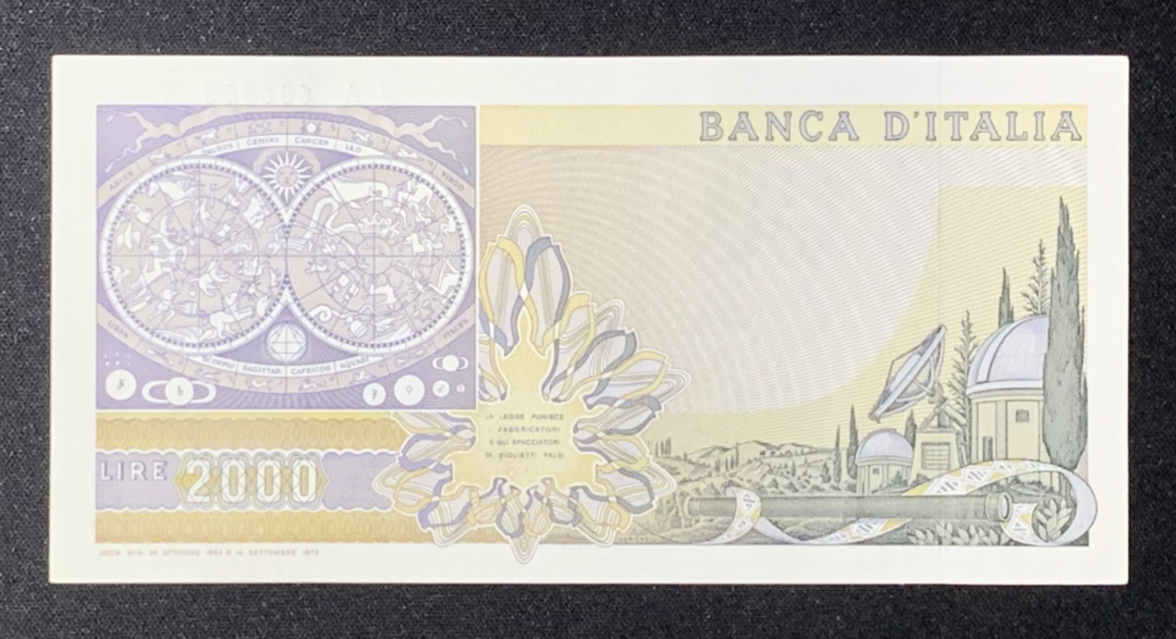 紫瑗钱币——第272期拍卖—纸币场 【倒置号】意大利 1973年 伽利略 2000里拉 UNC