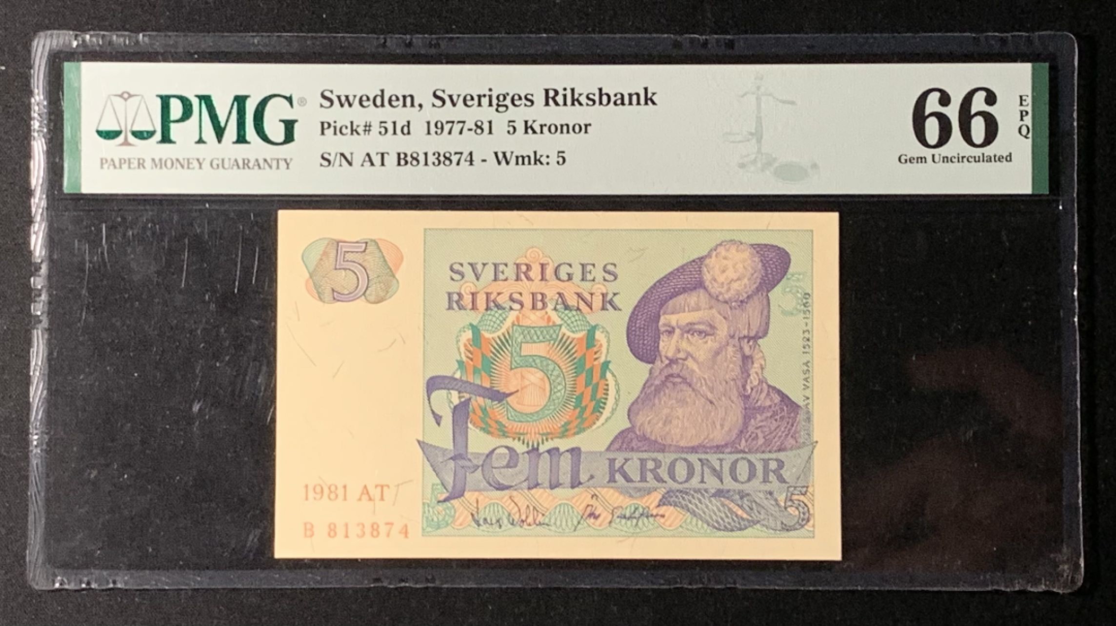 紫瑗钱币——第272期拍卖—纸币场 瑞典 1981年 瑞典银行 5克朗 PMG 66 EPQ （P-51d）