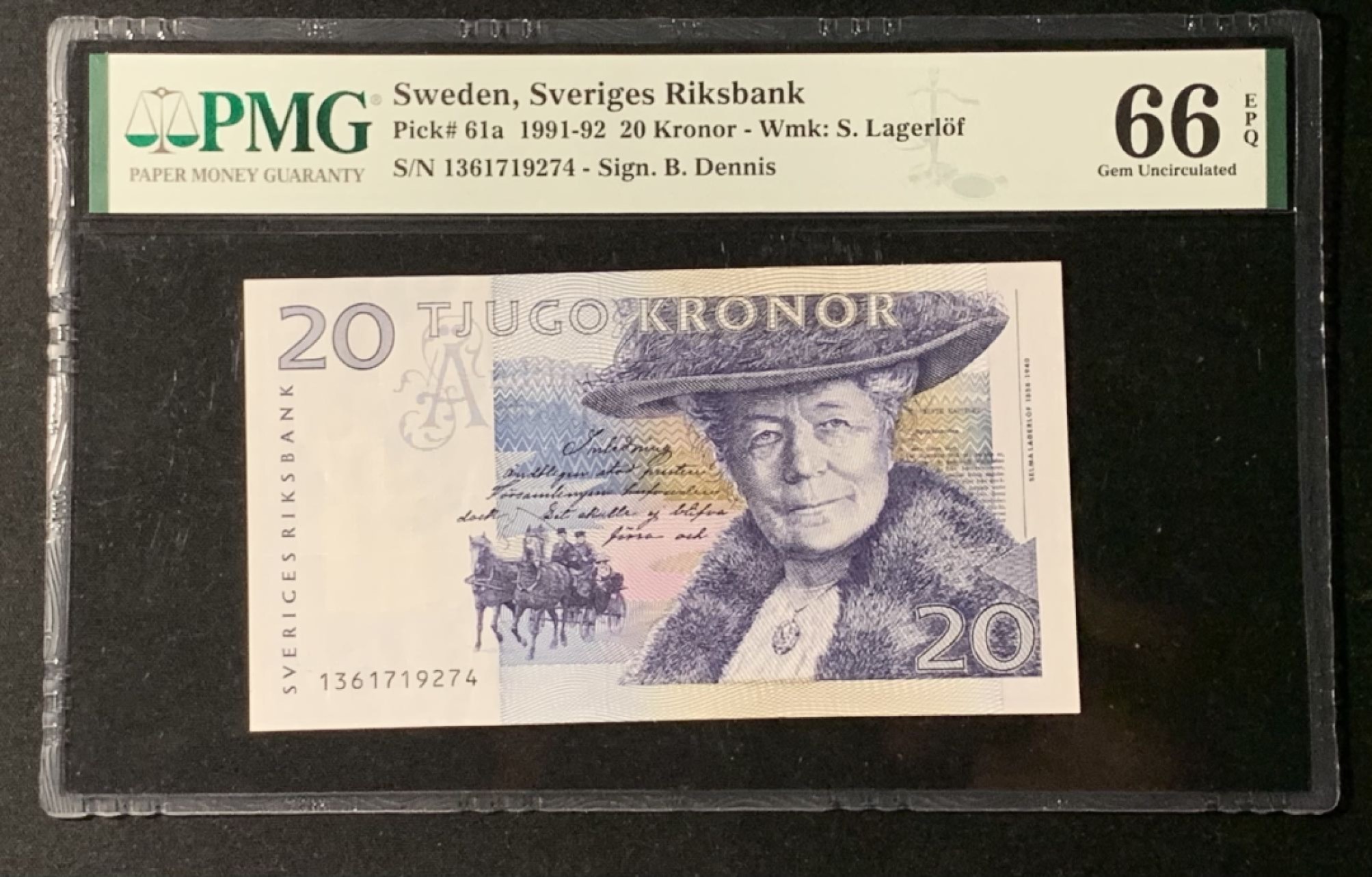 紫瑗钱币——第272期拍卖—纸币场 瑞典 1991-92年 骑鹅旅行记 20克朗 PMG 66 EPQ （P-61a）