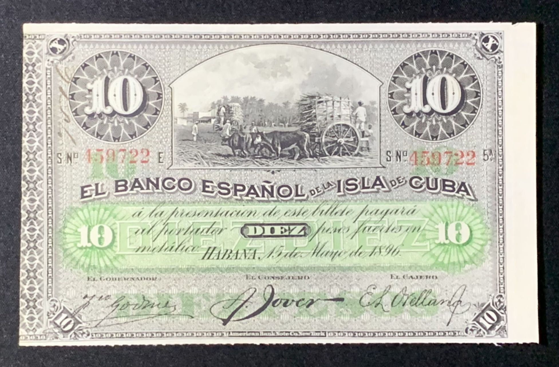 紫瑗钱币——第272期拍卖—纸币场 【叠尾2】古巴 1896年 西班牙银行 10比索 流通券 UNC