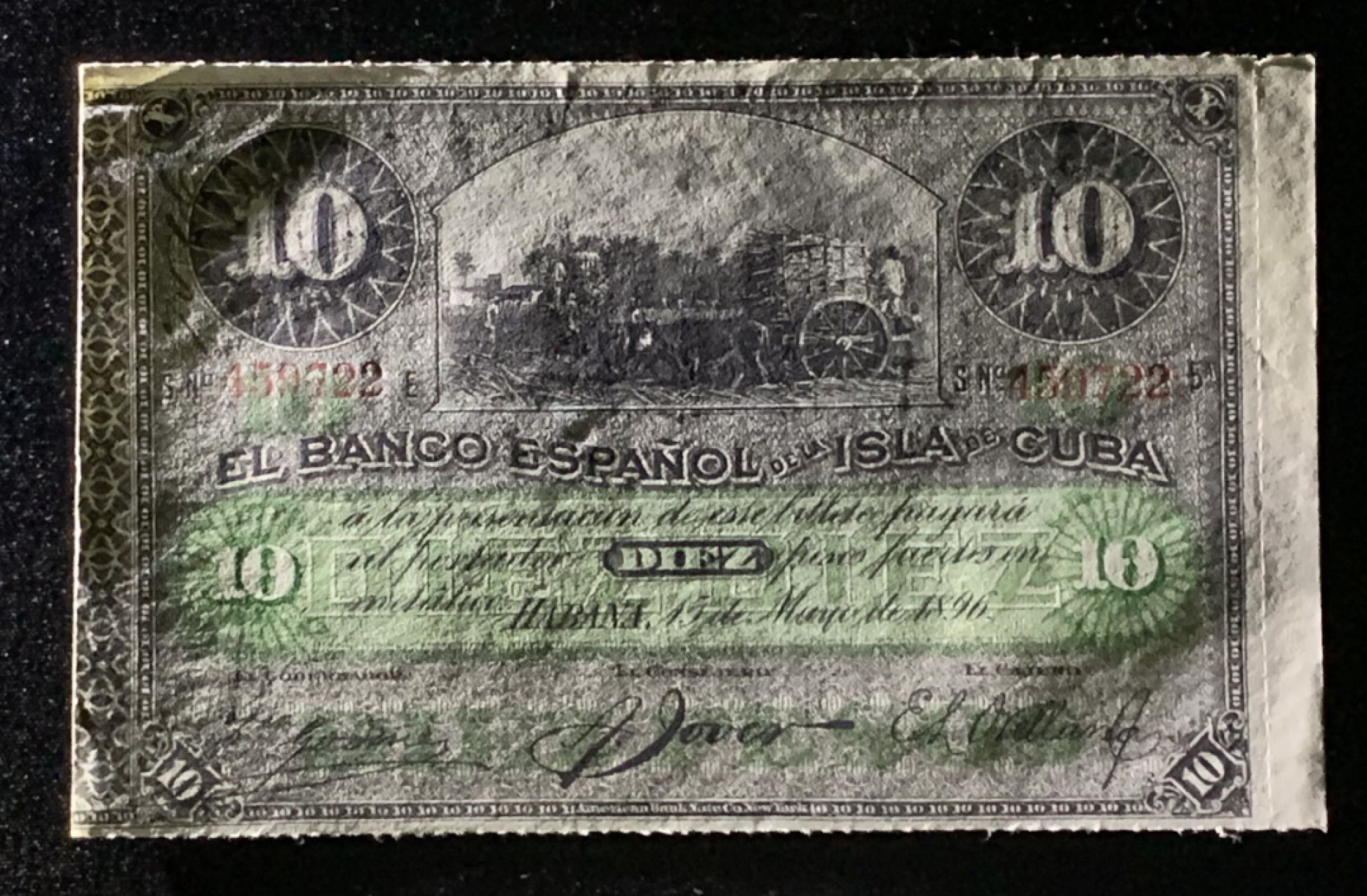 紫瑗钱币——第272期拍卖—纸币场 【叠尾2】古巴 1896年 西班牙银行 10比索 流通券 UNC