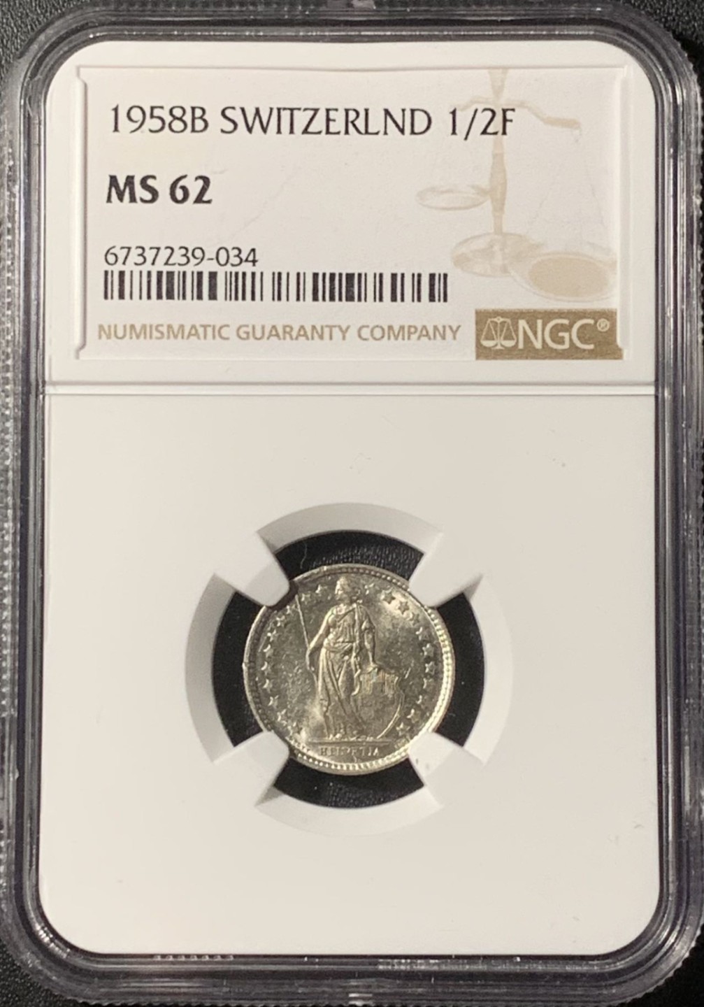紫瑗钱币——第273期拍卖 瑞士 1958年 赫尔维蒂亚 1/2法郎 银币 NGC MS62