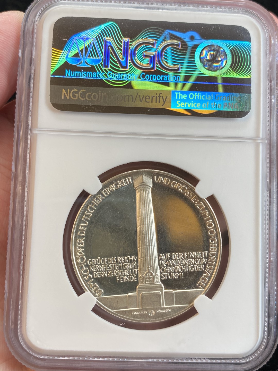 万国钱币拍卖第009期（万国白金之夜） NGC MS63 1915年德国俾斯麦百年诞辰建功镜面银章