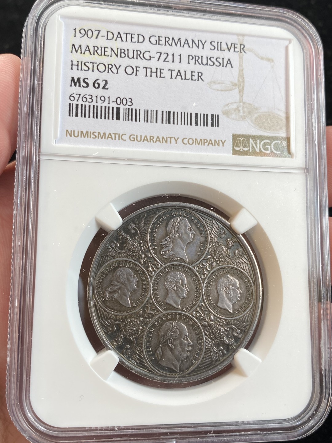 万国钱币拍卖第009期（万国白金之夜） NGC MS62 1907年德国普鲁士五王泰勒纪念银章，原味品相，经典品种。