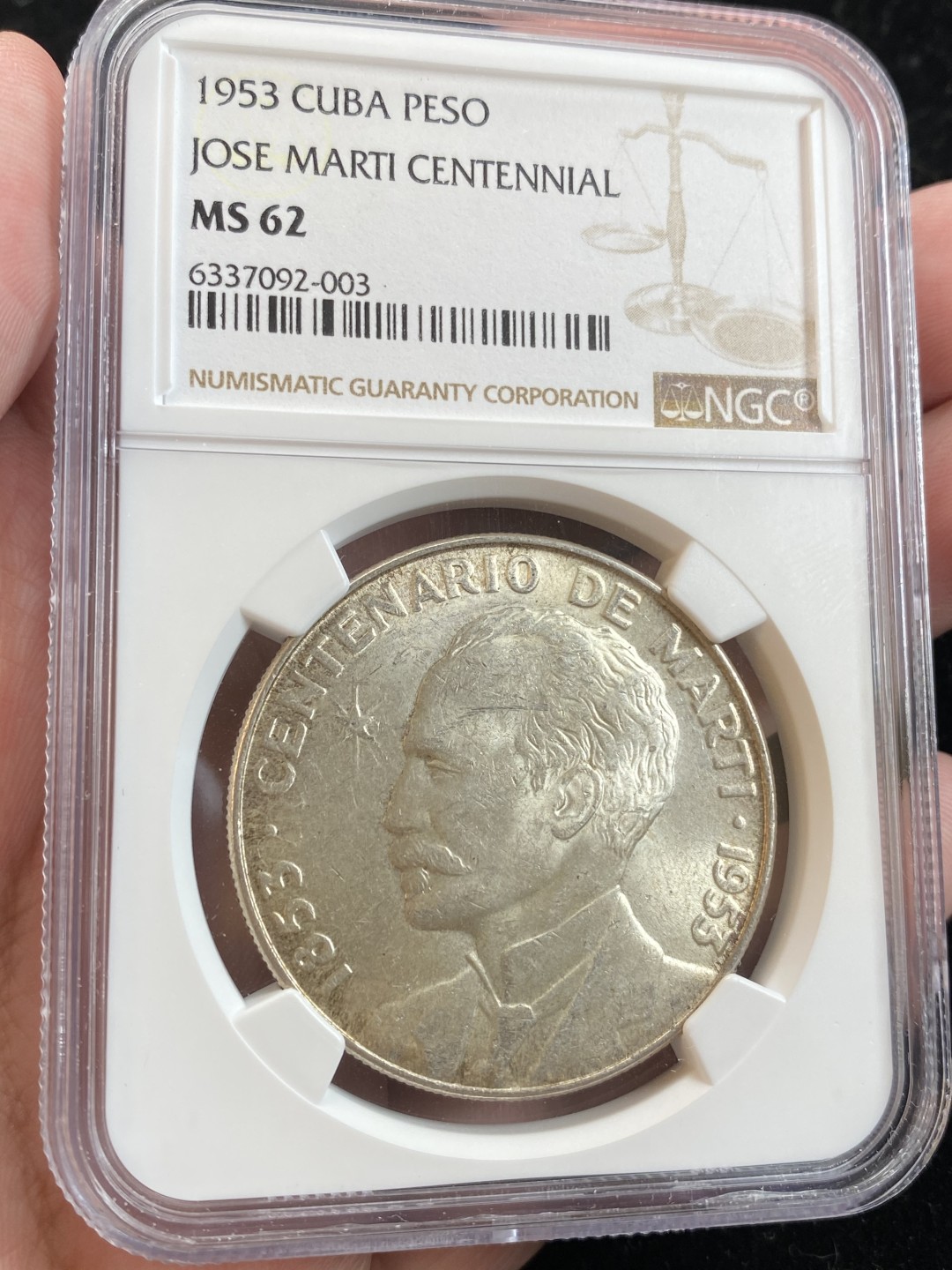 万国钱币拍卖第009期（万国白金之夜） NGC MS62 1963古巴何塞马蒂1比索银币，经典品种，通货常见，好品难得。