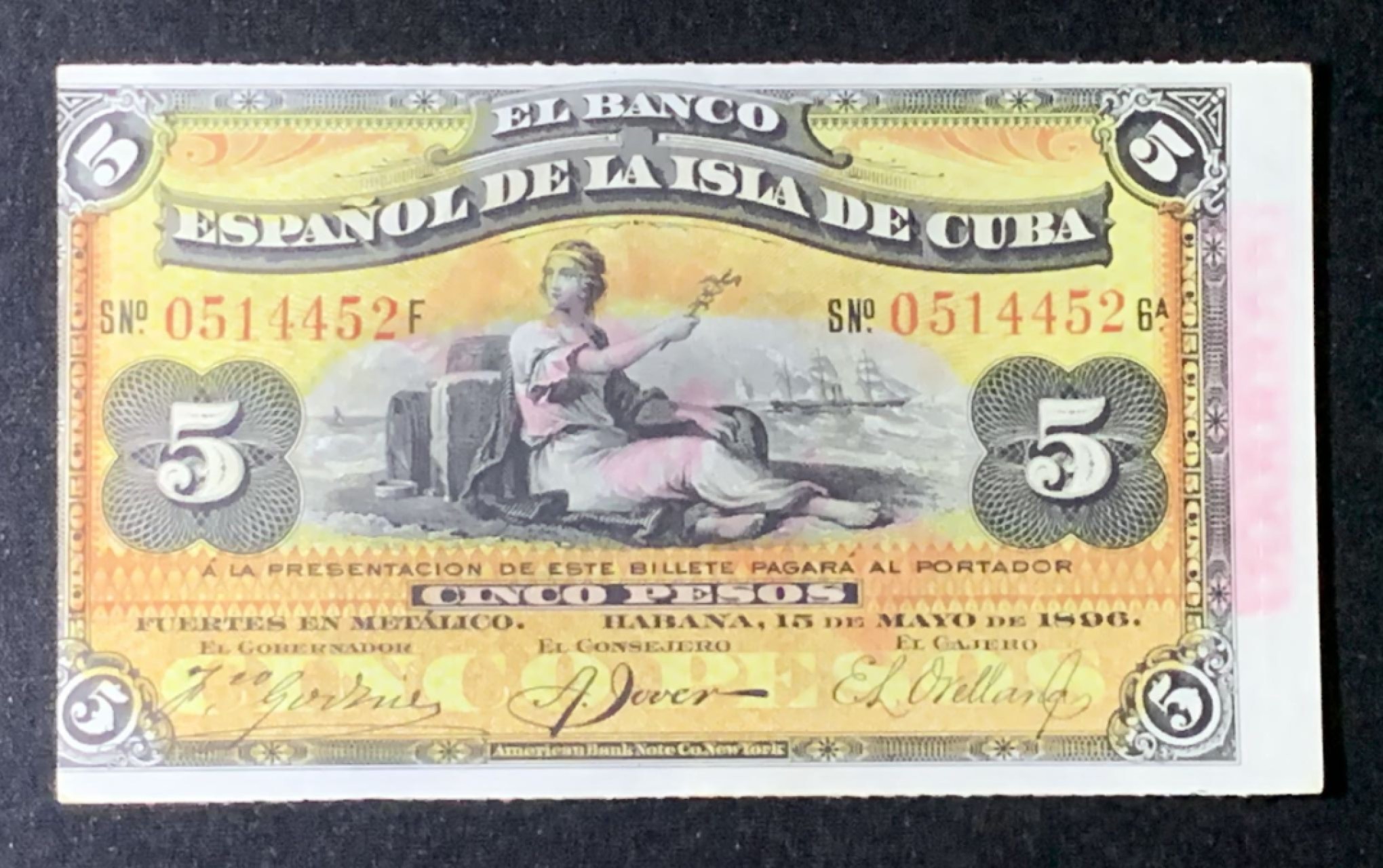 紫瑗钱币——第272期拍卖—纸币场 古巴 1896年 西班牙银行 5比索 银币券 UNC