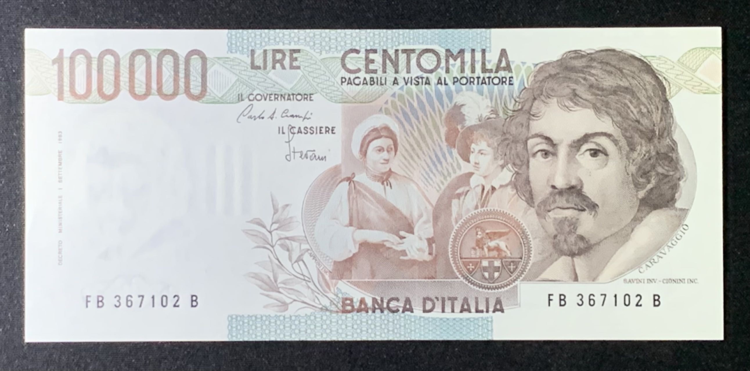 紫瑗钱币——第272期拍卖—纸币场 意大利 1983年 卡拉瓦乔 水果篮 初版 100000里拉 UNC