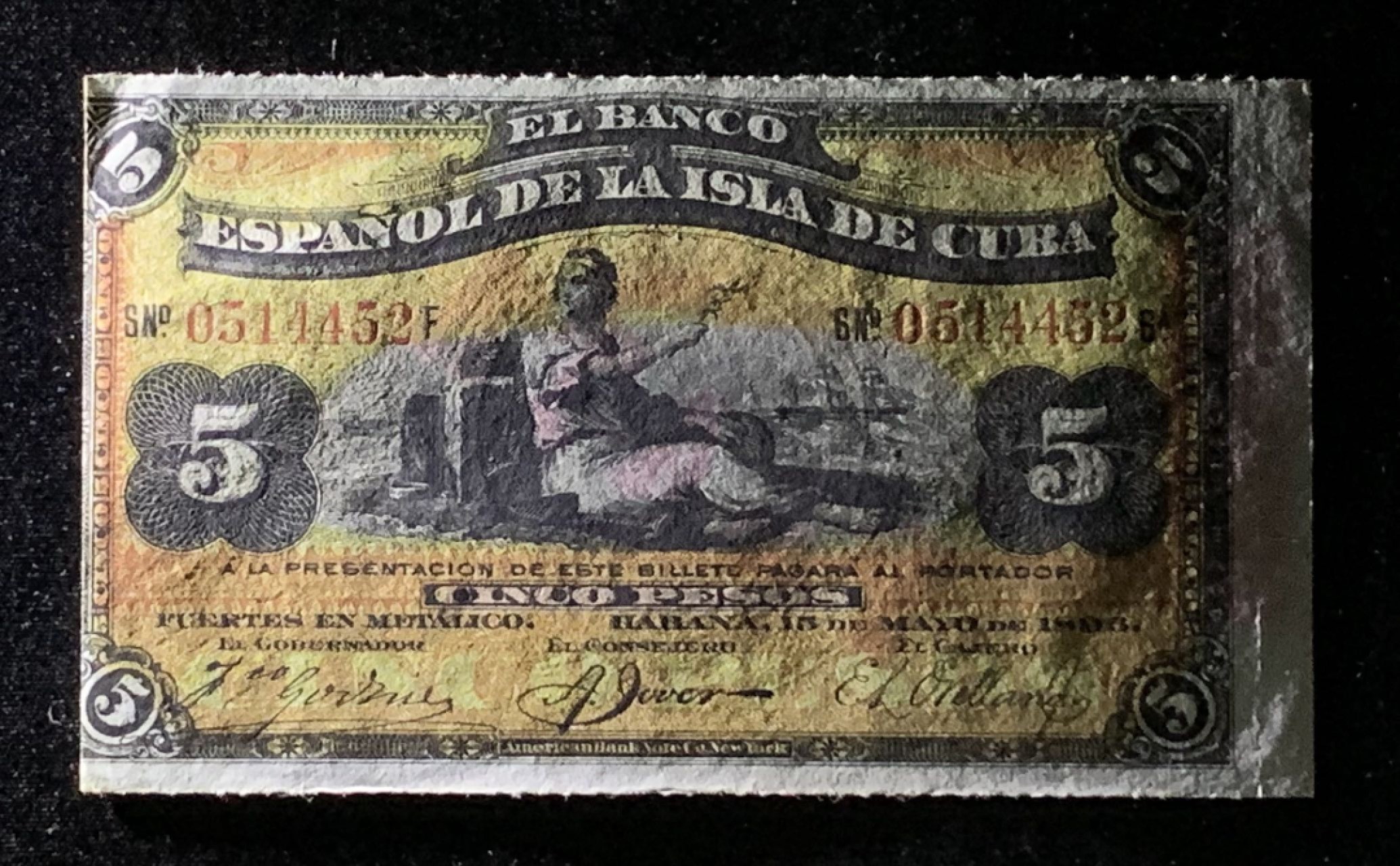 紫瑗钱币——第272期拍卖—纸币场 古巴 1896年 西班牙银行 5比索 银币券 UNC