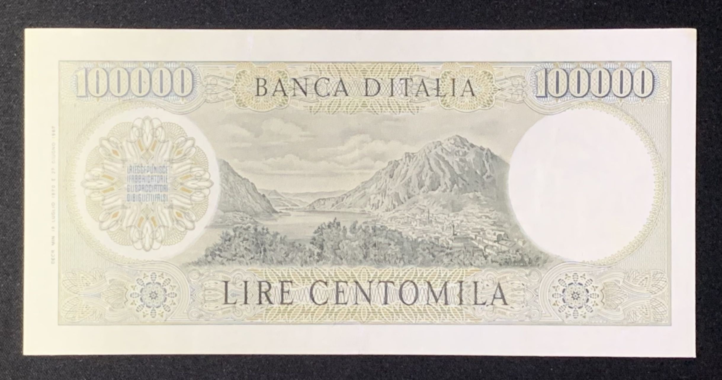 紫瑗钱币——第272期拍卖—纸币场 意大利 1970年 曼佐尼 100000里拉 名誉品 AU