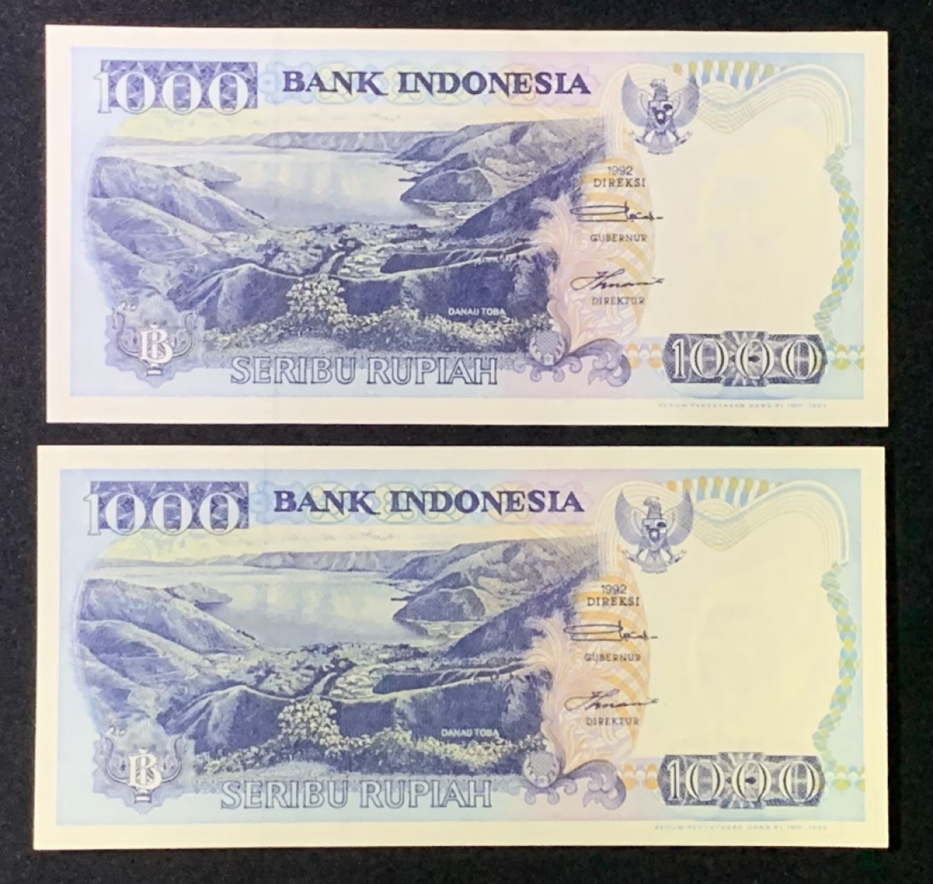 紫瑗钱币——第272期拍卖—纸币场 印度尼西亚 1992年 多巴湖 1000卢比 2枚一组 UNC 