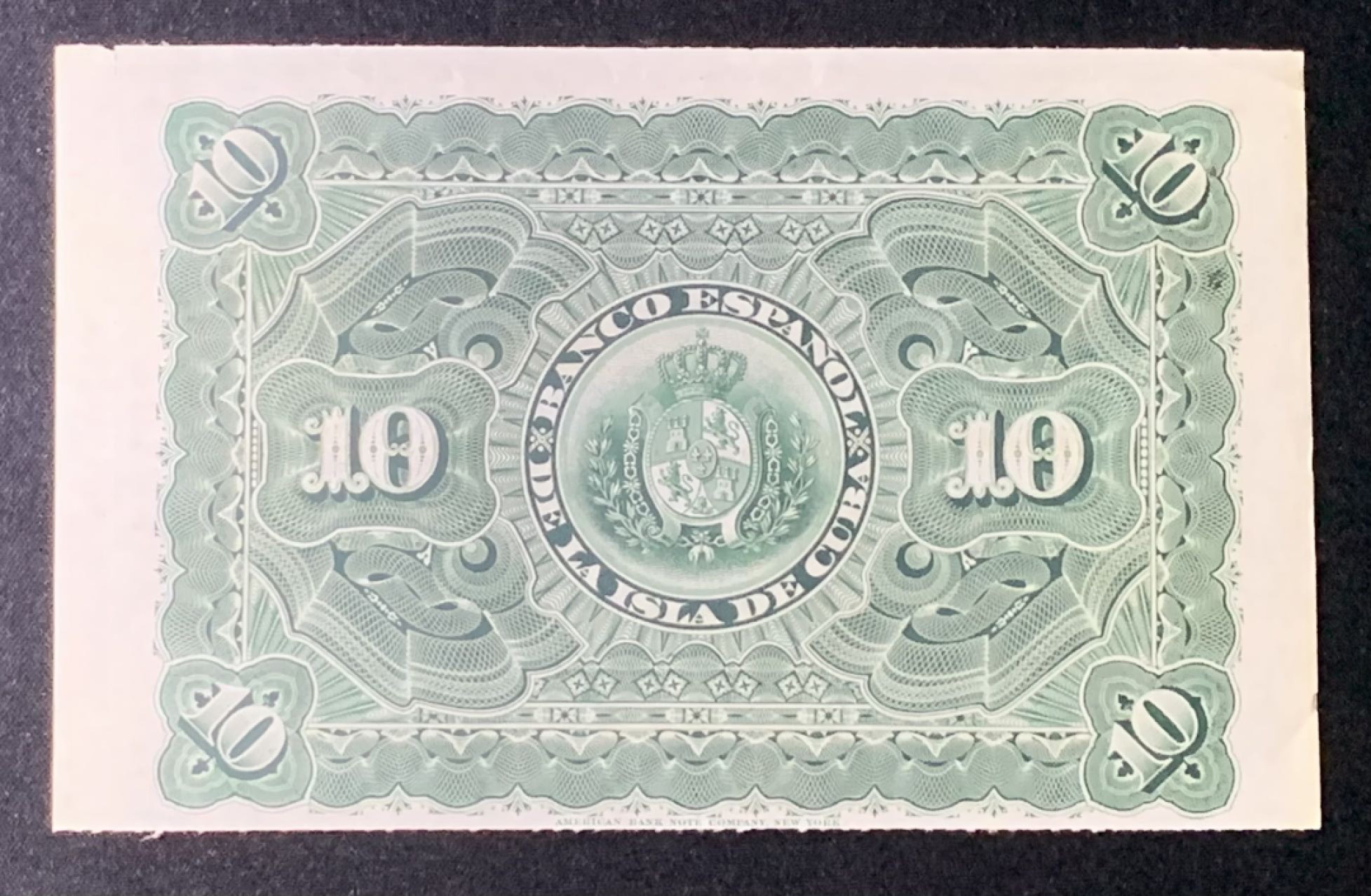 紫瑗钱币——第272期拍卖—纸币场 【叠尾2】古巴 1896年 西班牙银行 10比索 流通券 UNC