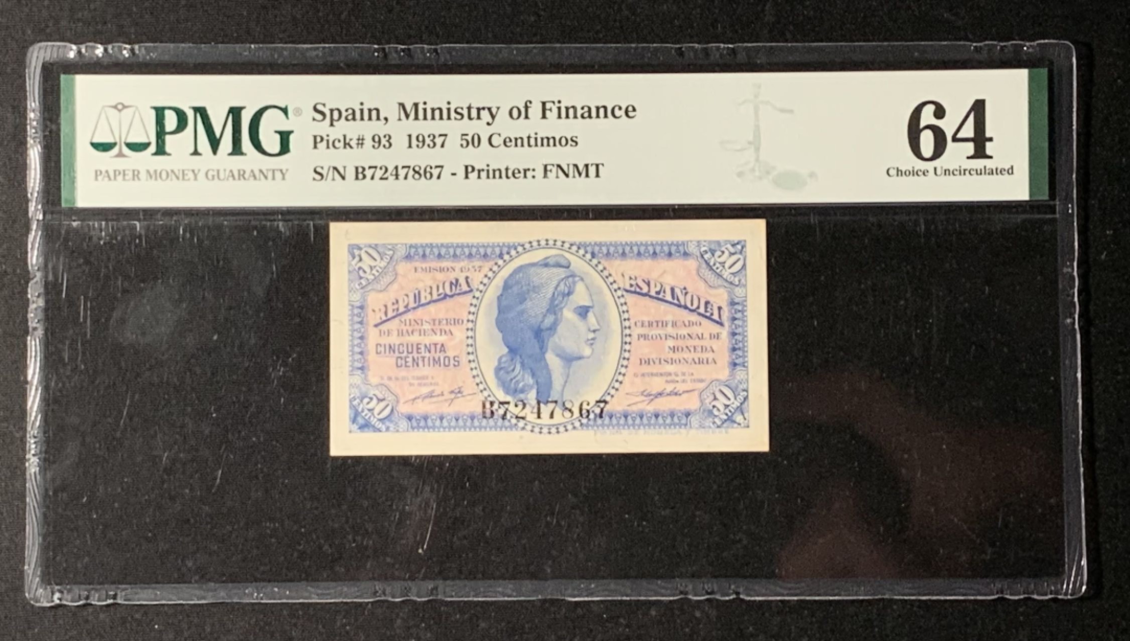 紫瑗钱币——第272期拍卖—纸币场 西班牙 1937年 第二共和国 财政部 50分 PMG 64 (P-94a)