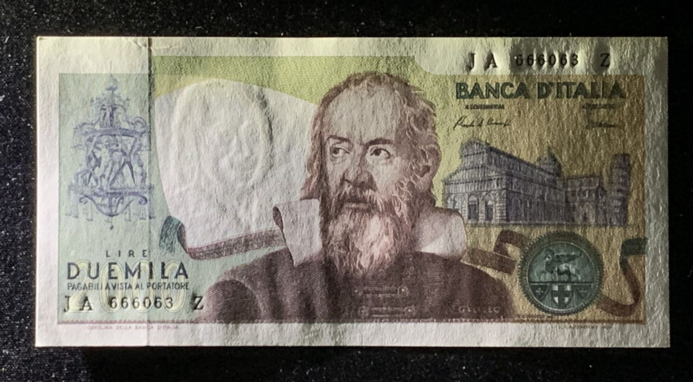 紫瑗钱币——第272期拍卖—纸币场 【倒置号】意大利 1973年 伽利略 2000里拉 UNC