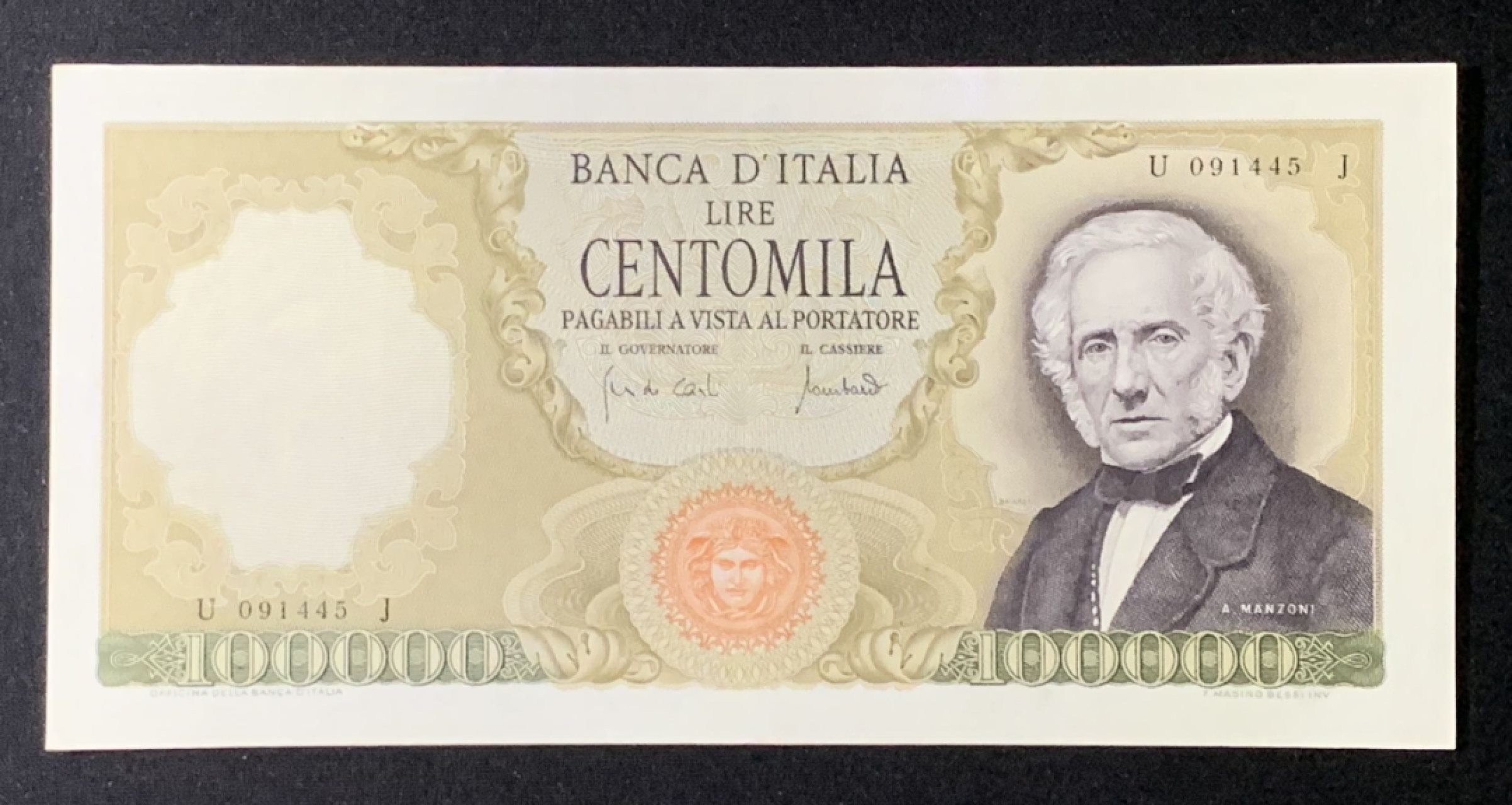 紫瑗钱币——第272期拍卖—纸币场 意大利 1970年 曼佐尼 100000里拉 名誉品 AU