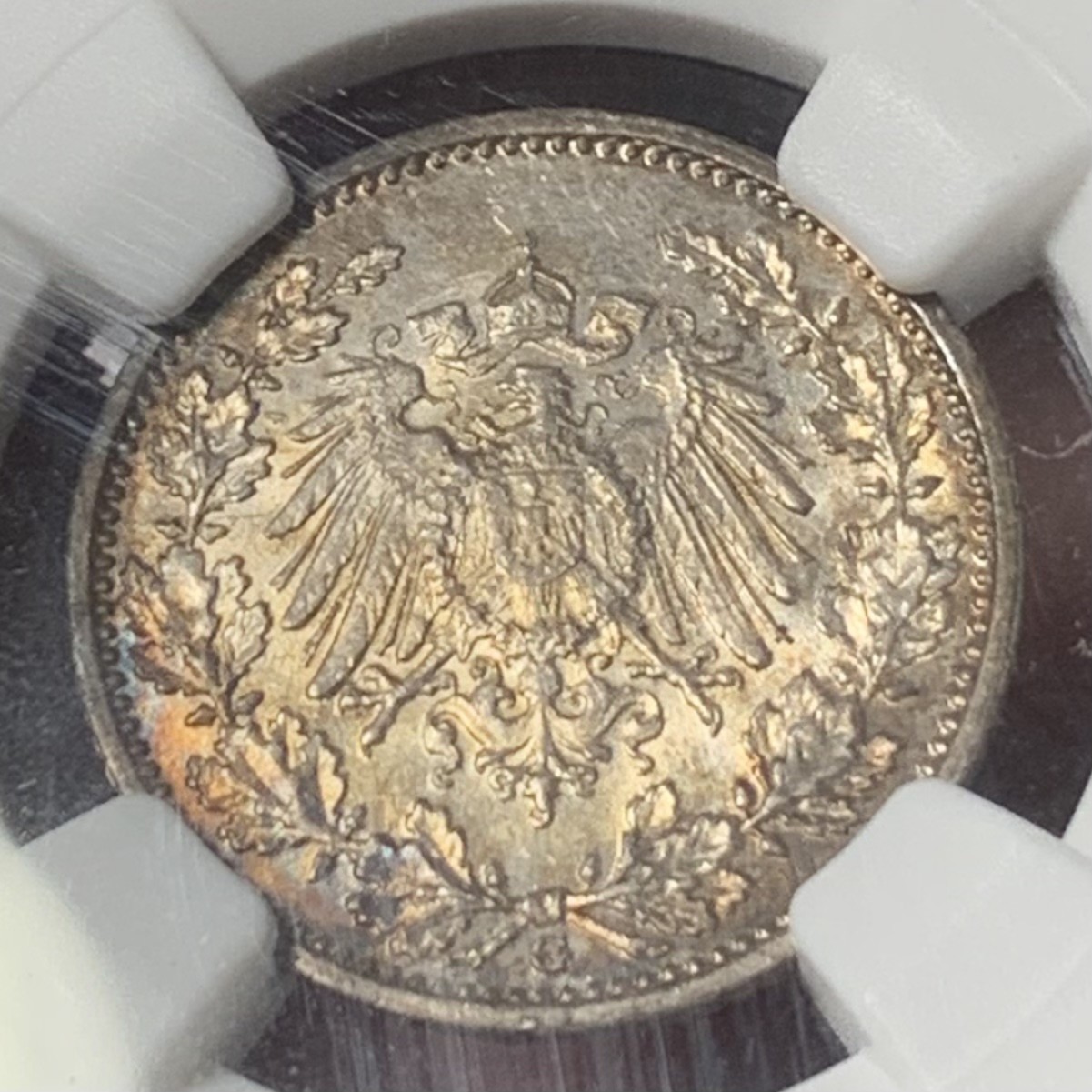 紫瑗钱币——第273期拍卖 德国 1916年 G版 第二帝国 1/2马克 银币 NGC MS62 五彩包浆