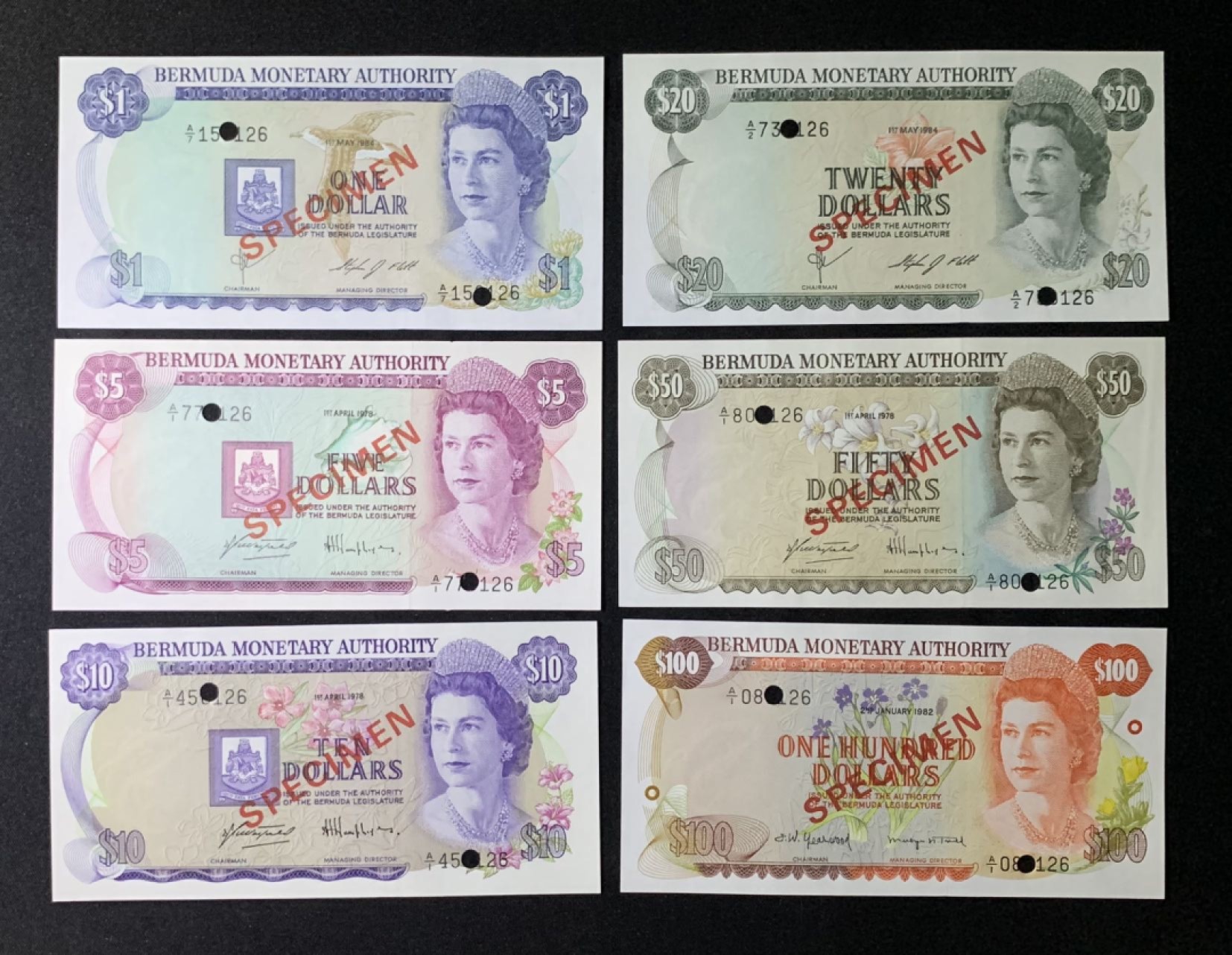 紫瑗钱币——第272期拍卖—纸币场 【尾3同】百慕大 1978—1982年 1—100元 样钞 全套 UNC