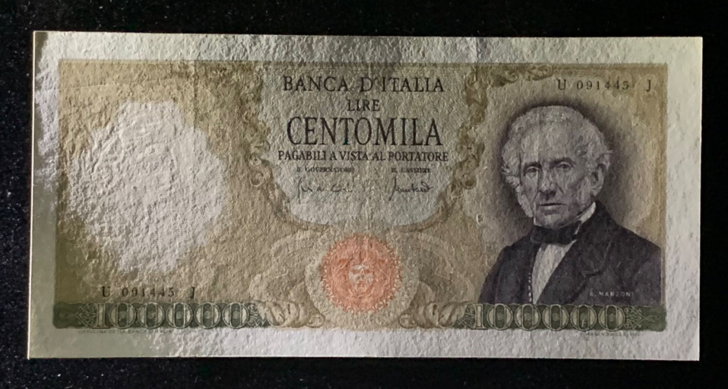 紫瑗钱币——第272期拍卖—纸币场 意大利 1970年 曼佐尼 100000里拉 名誉品 AU