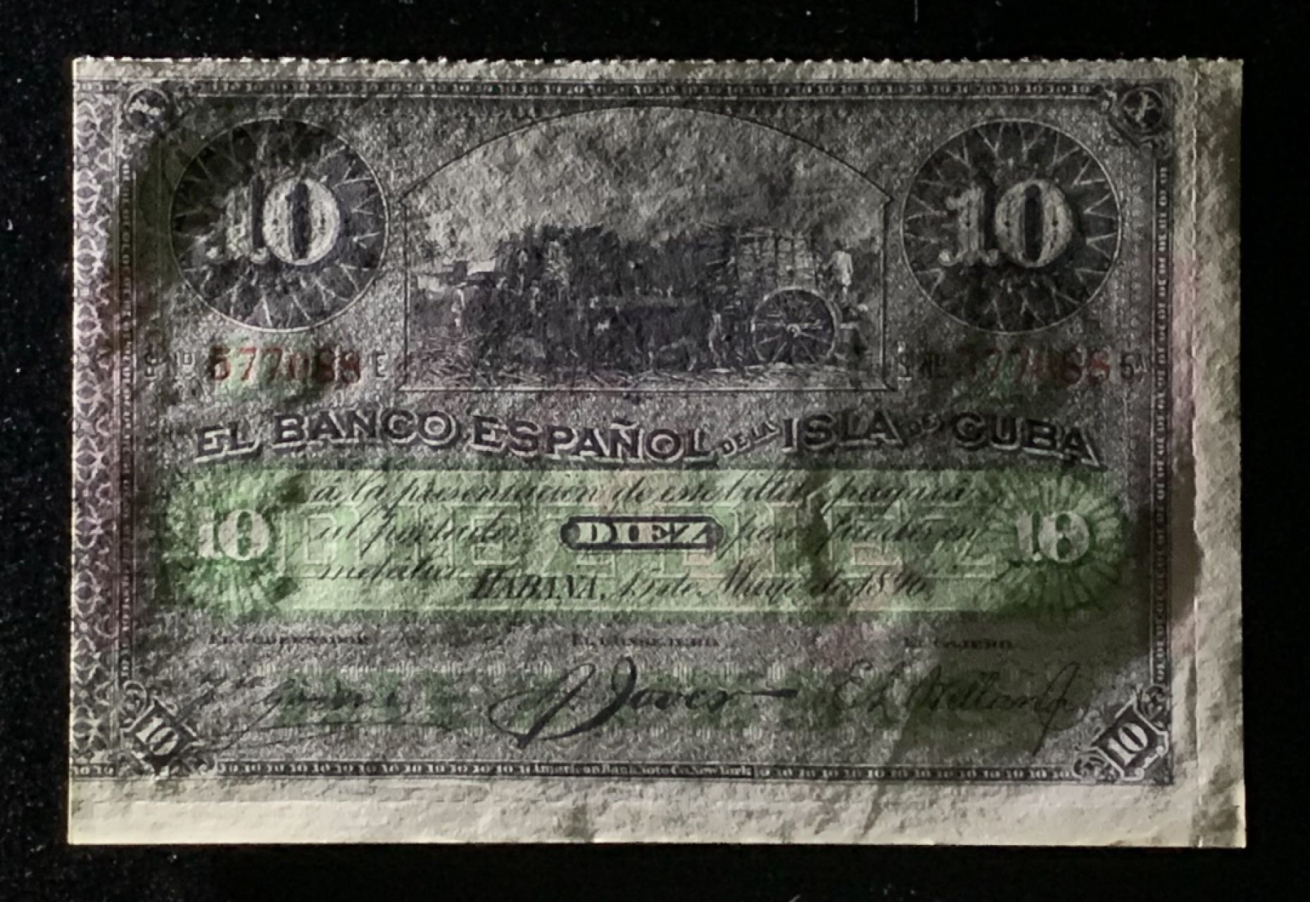 紫瑗钱币——第272期拍卖—纸币场 【叠尾巴8】古巴 1896年 西班牙银行 10比索 银币券 UNC