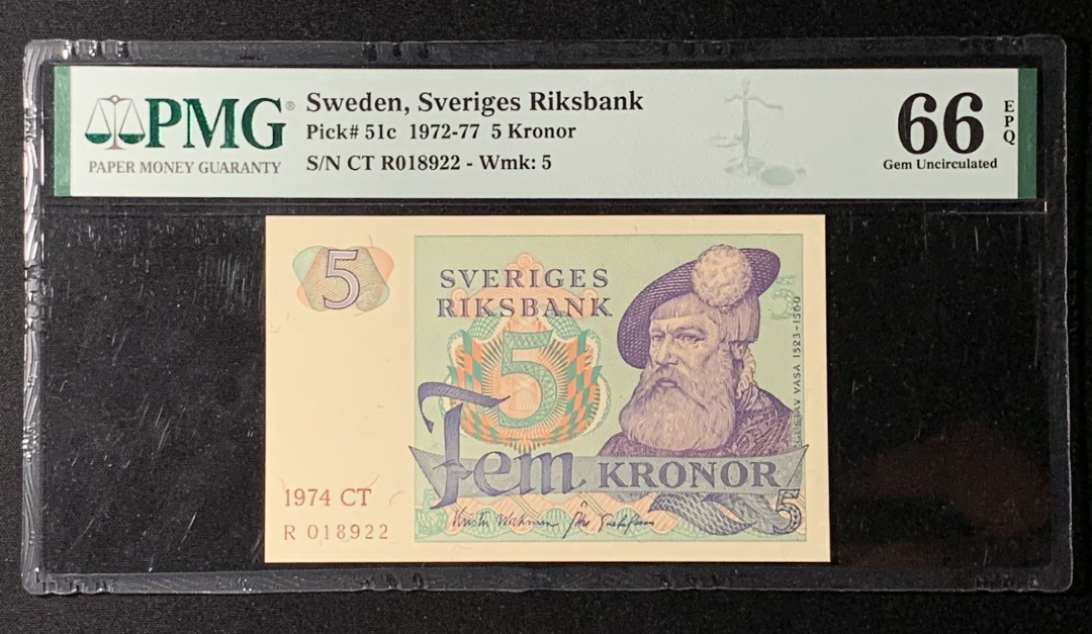 紫瑗钱币——第272期拍卖—纸币场 【叠尾】瑞典 1974年 瑞典银行 5克朗 PMG 66 EPQ （P-51c）