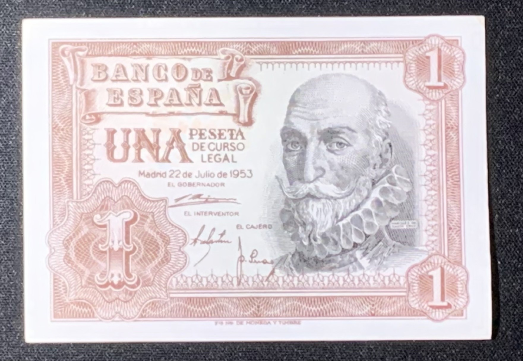 紫瑗钱币——第272期拍卖—纸币场 【刀货开门号】西班牙 1953年 阿尔瓦罗 1比塞塔  UNC