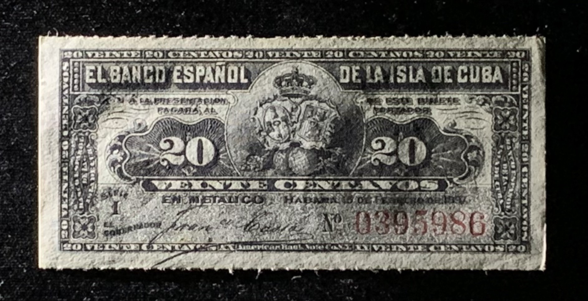 紫瑗钱币——第272期拍卖—纸币场 古巴 1896年 古巴西班牙银行 20分 UNC