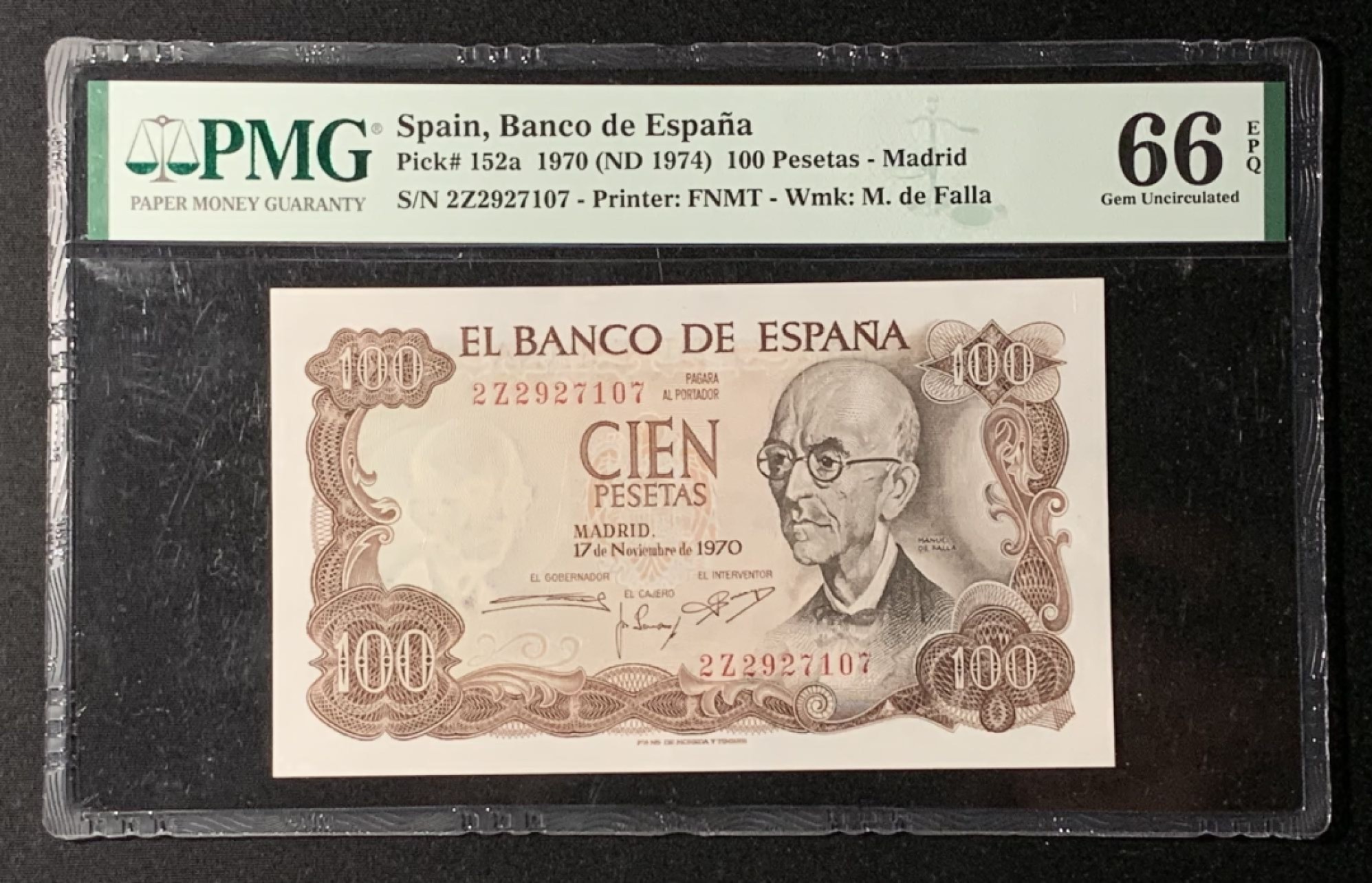 紫瑗钱币——第272期拍卖—纸币场 西班牙 1970(1974)年 100比塞塔 PMG 66 EPQ （P-152a）