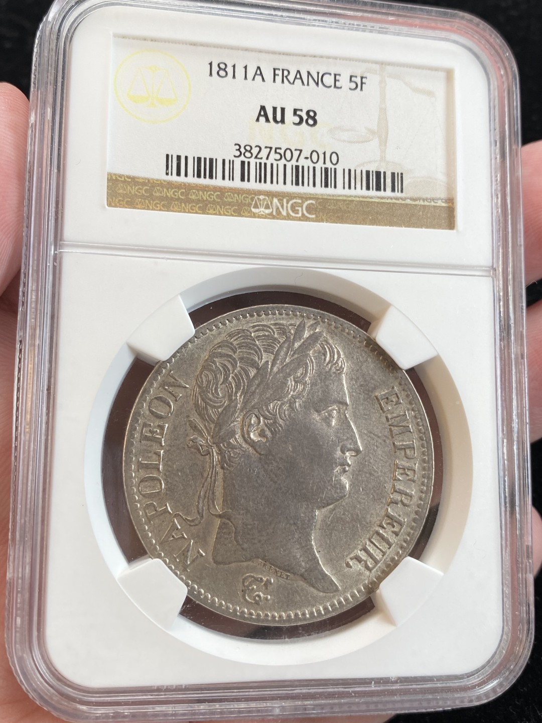万国钱币拍卖第009期（万国白金之夜） NGC AU58 1811A法国拿破仑一世5法郎，原味包浆。