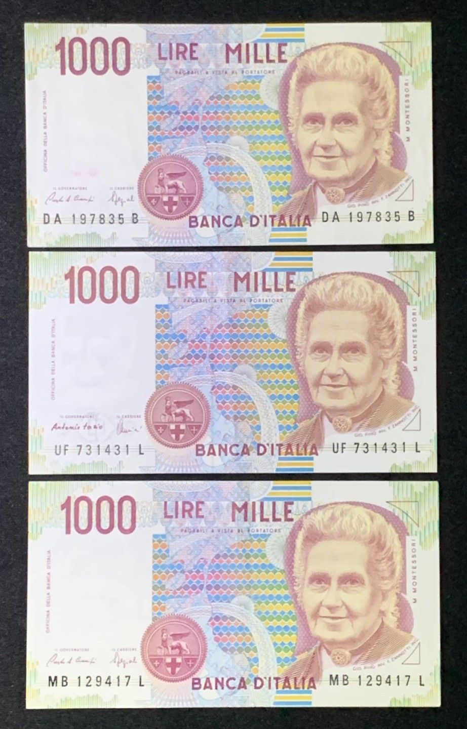 紫瑗钱币——第272期拍卖—纸币场 意大利 末版 1000里拉 3张一起 红包折 AU