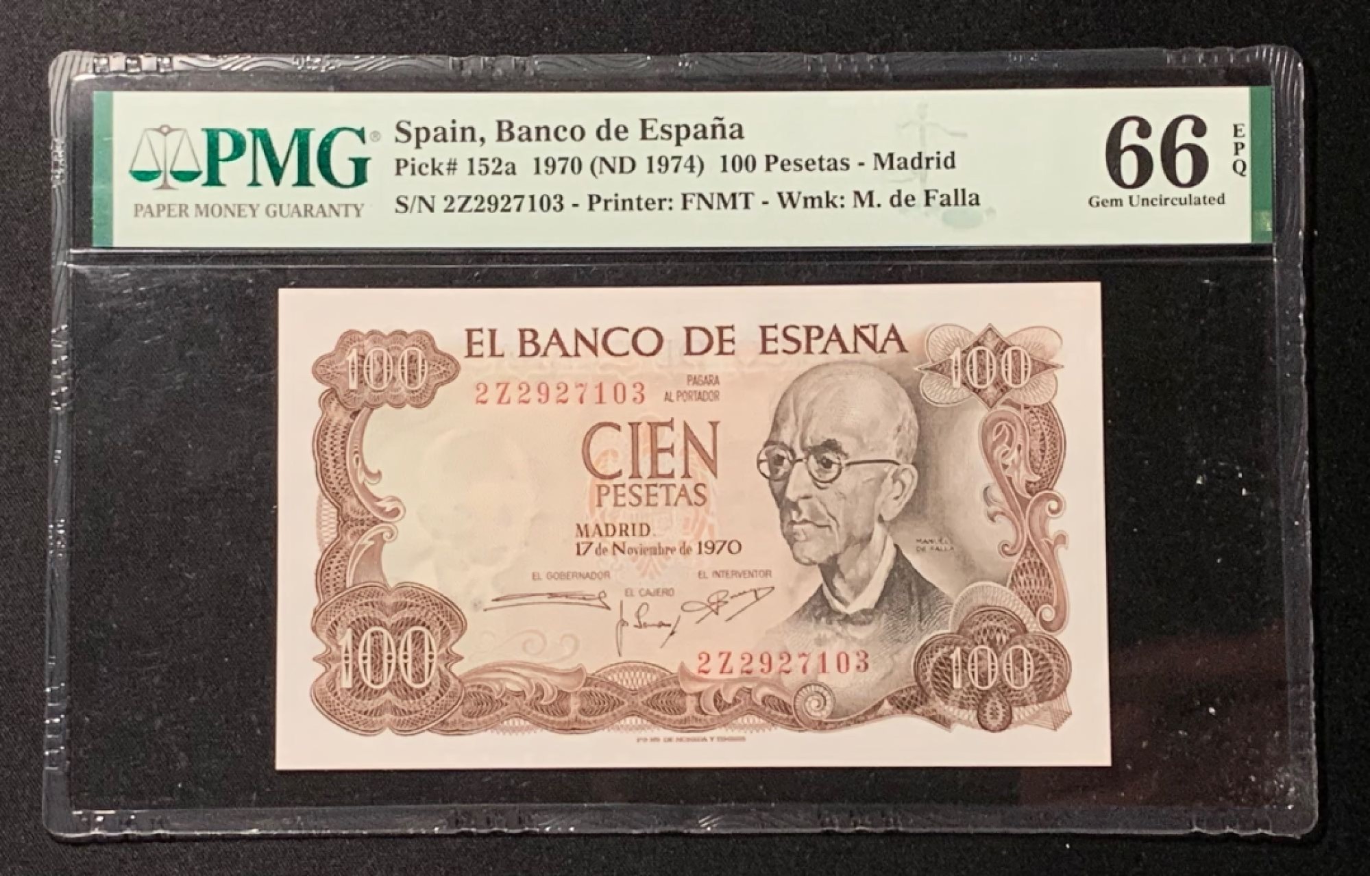 紫瑗钱币——第272期拍卖—纸币场 西班牙 1970(1974)年 100比塞塔 PMG 66 EPQ （P-152a）
