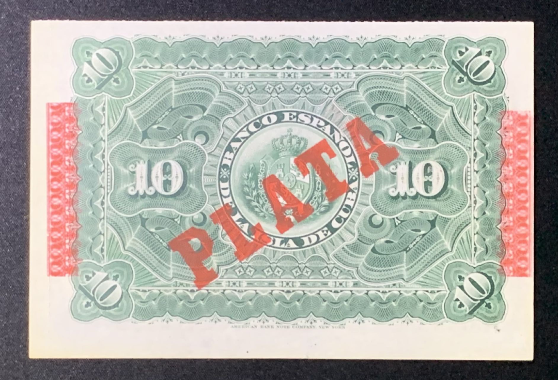 紫瑗钱币——第272期拍卖—纸币场 【叠尾巴8】古巴 1896年 西班牙银行 10比索 银币券 UNC